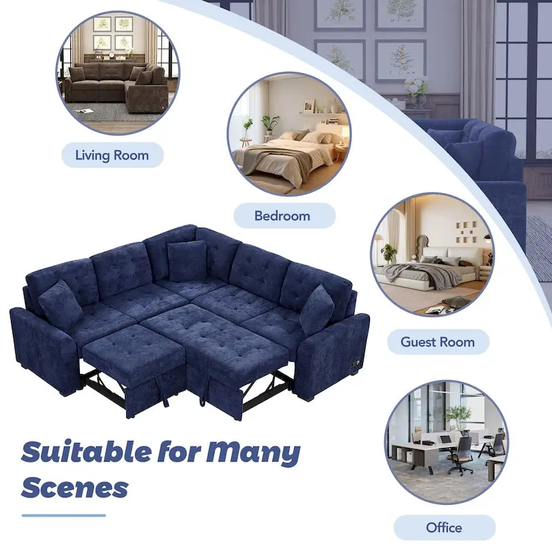 82.6-Inch L-Shaped Sleeper Sofa with Pull-Out Feature, Wheels, USB Ports, and Power Sockets - Dimensions: 82.6W x 82.6D x 33H