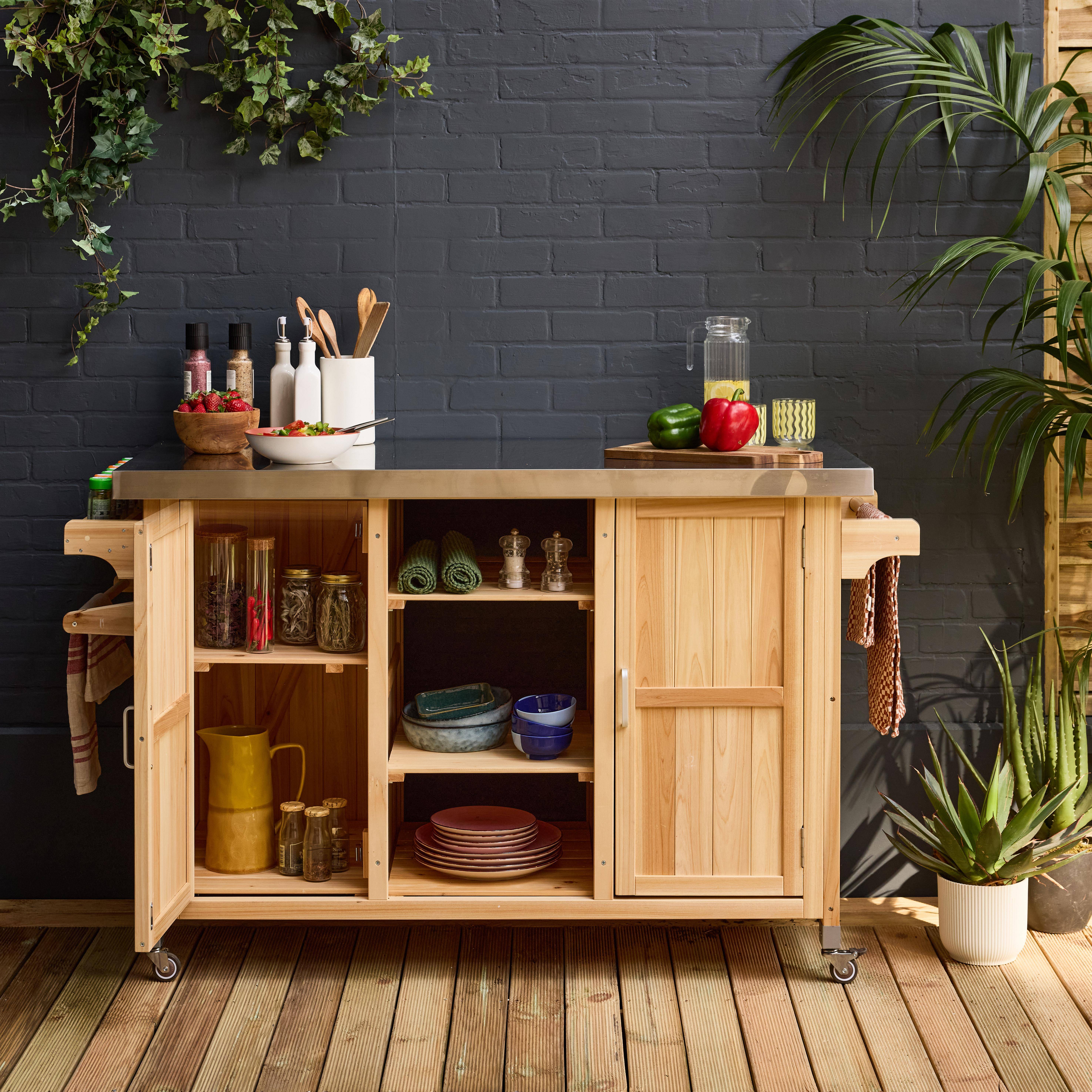 Lotus - Carrito de cocina exterior de madera de abeto 130cm con asas, 7 espacios de almacenamiento