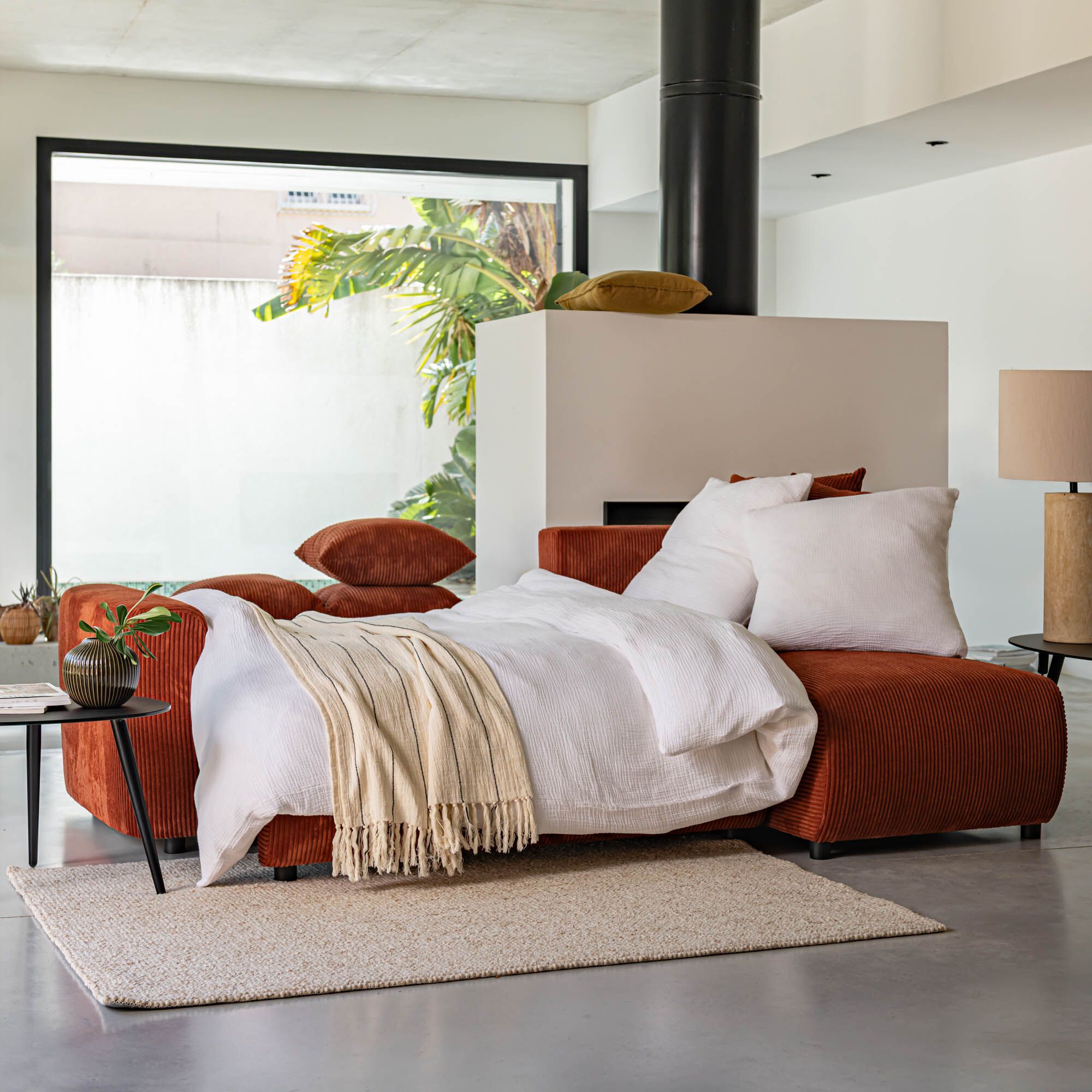 LUDI - Canapé convertible à angle réversible en velours côtelé - brun rustrel
