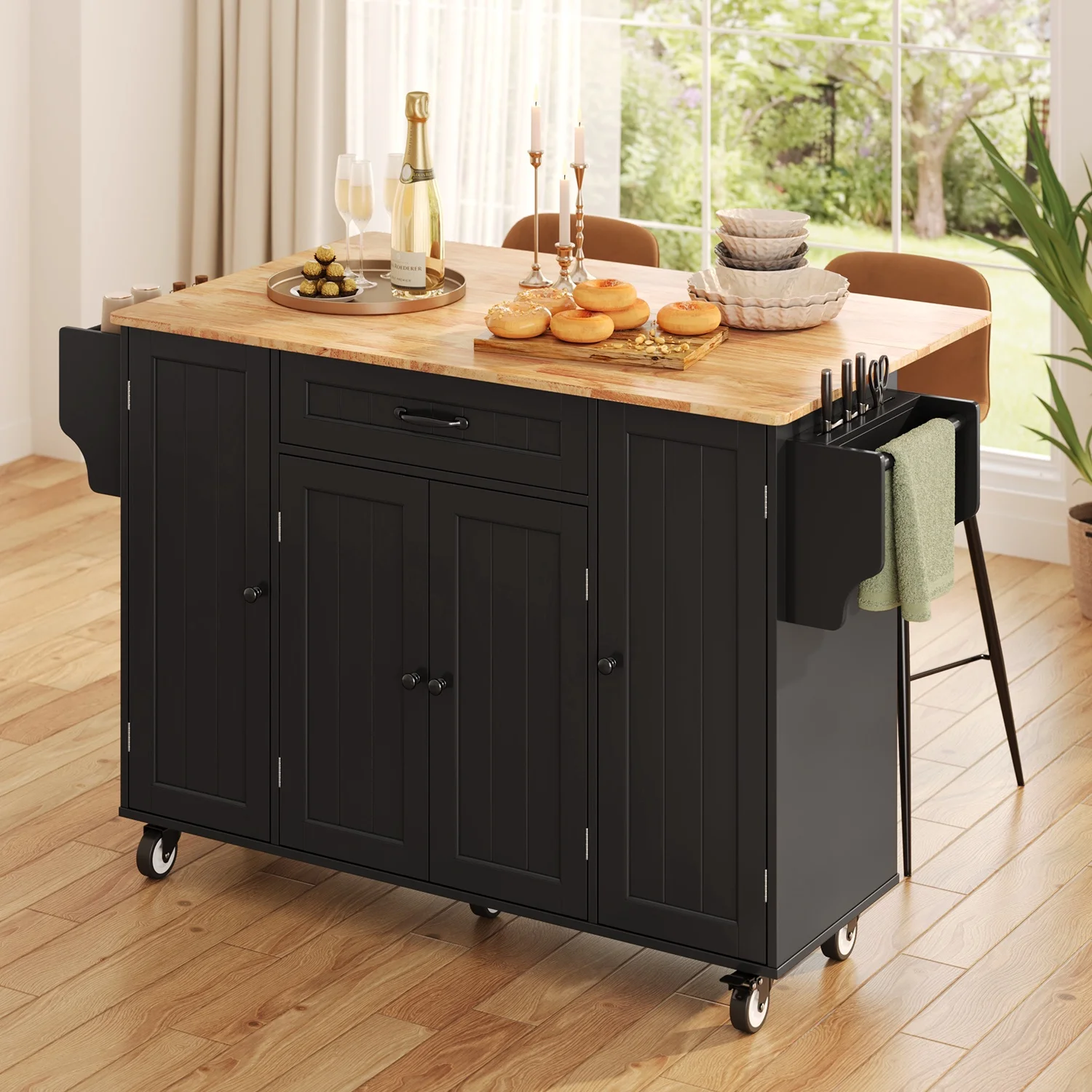 Noelse Kitchen Island with Storage, Island Table for Kitchen with Drop Leaf, Spice Rack, Towel Bar for Small Kitchens, White - Image 34