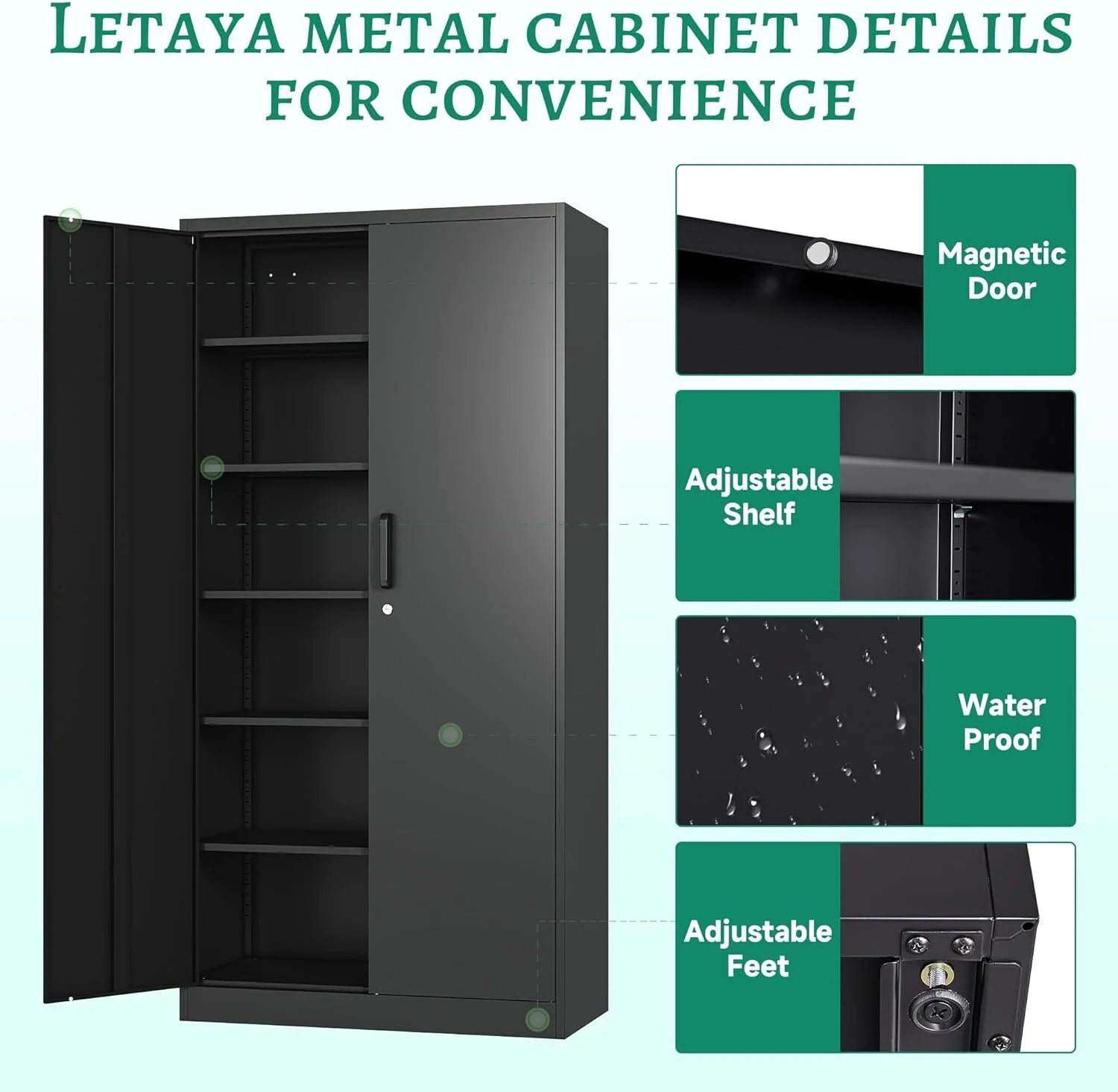 CQAOE 71" Metal Storage Cabinet with Lock, 5 Adjustable Shelves and 2 Doors, Steel Utility Cabinet for Garage, Office, Home, Gym, or School - Black - Image 5