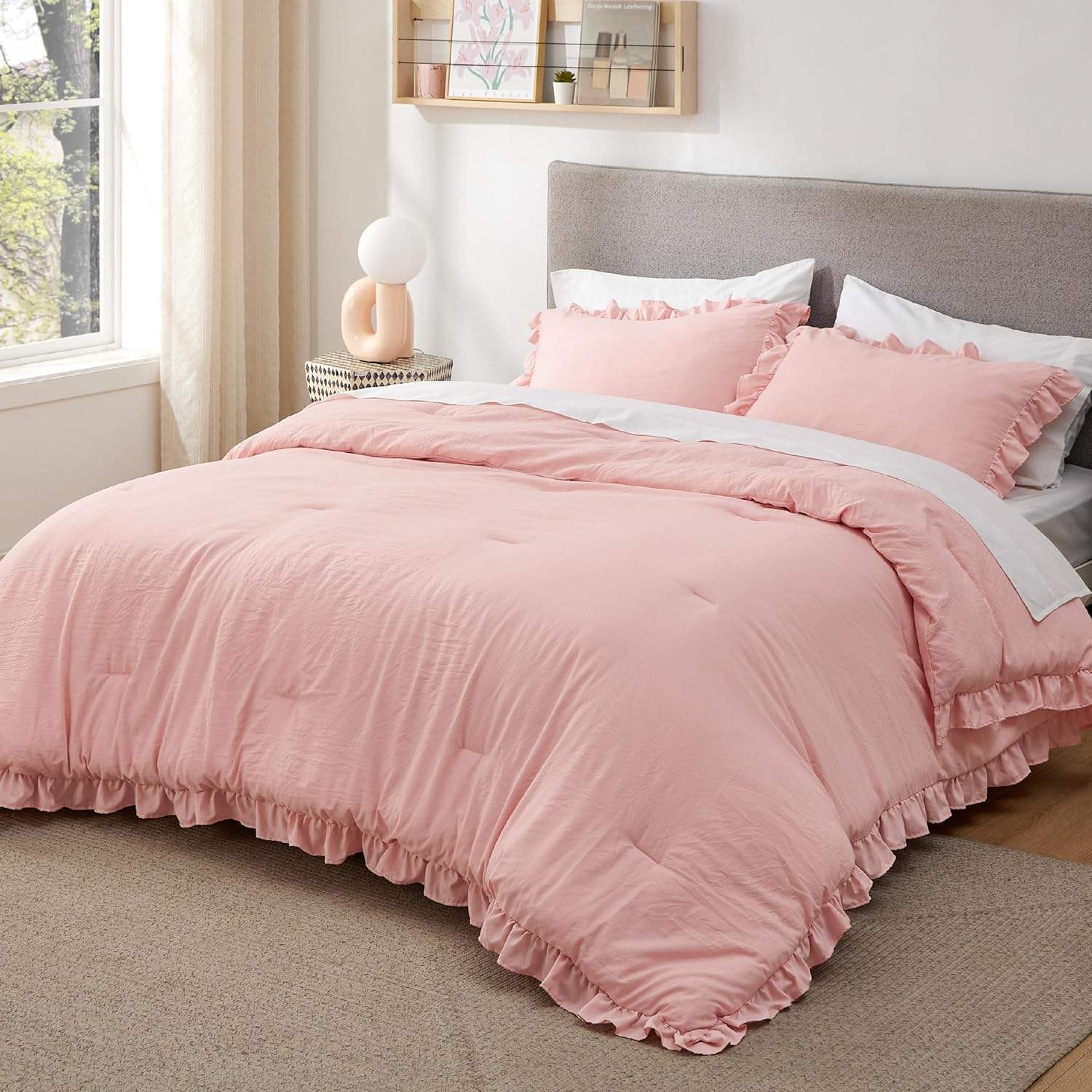 3 Pieces Pink Ruffle Edge Comforter Set Vintage Shabby Chic Style All Season Soft Breathable for Bedroom Home