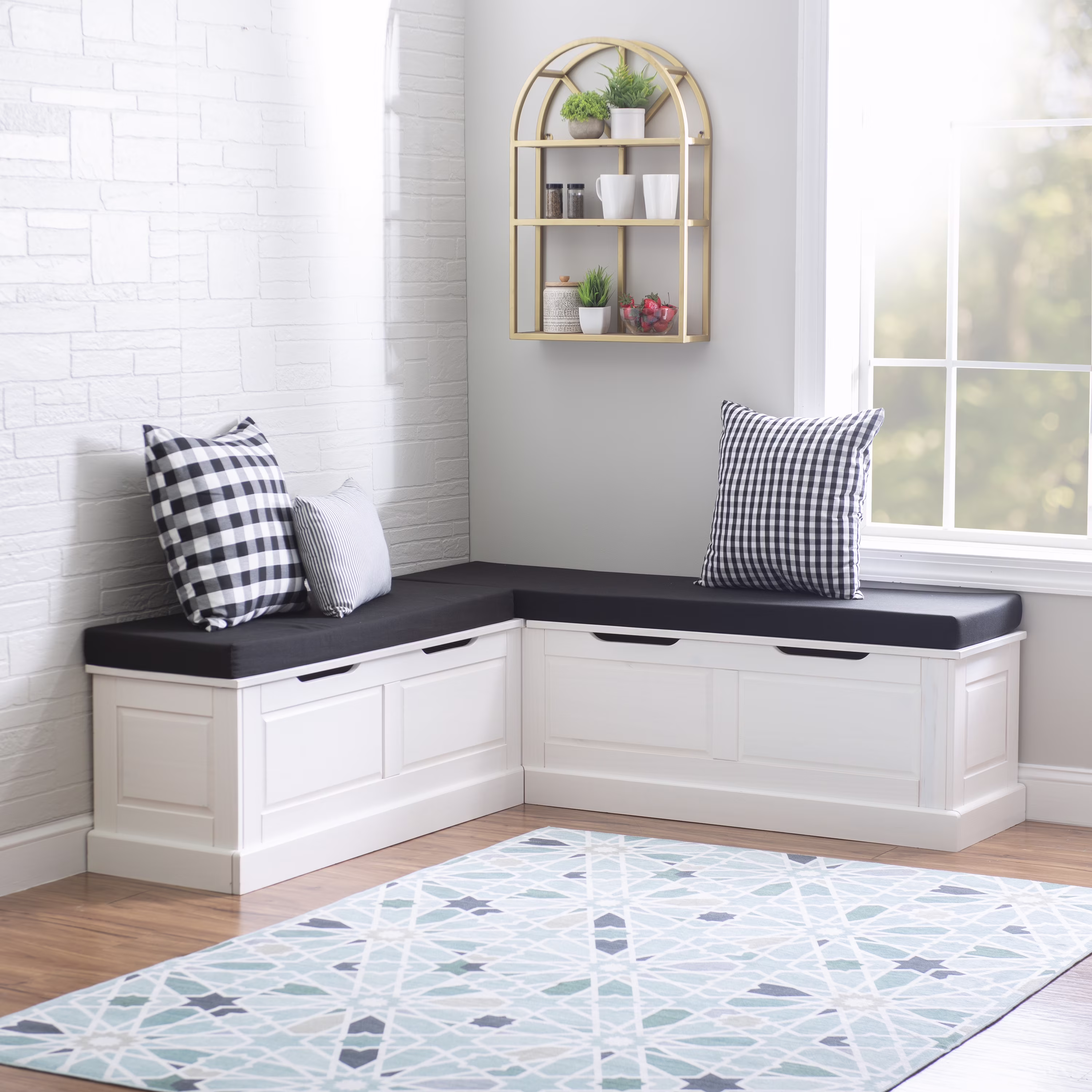 Linon Romero Backless Corner Nook with Storage, 5-Piece Cushion Set, Natural/White/Beige - Image 12