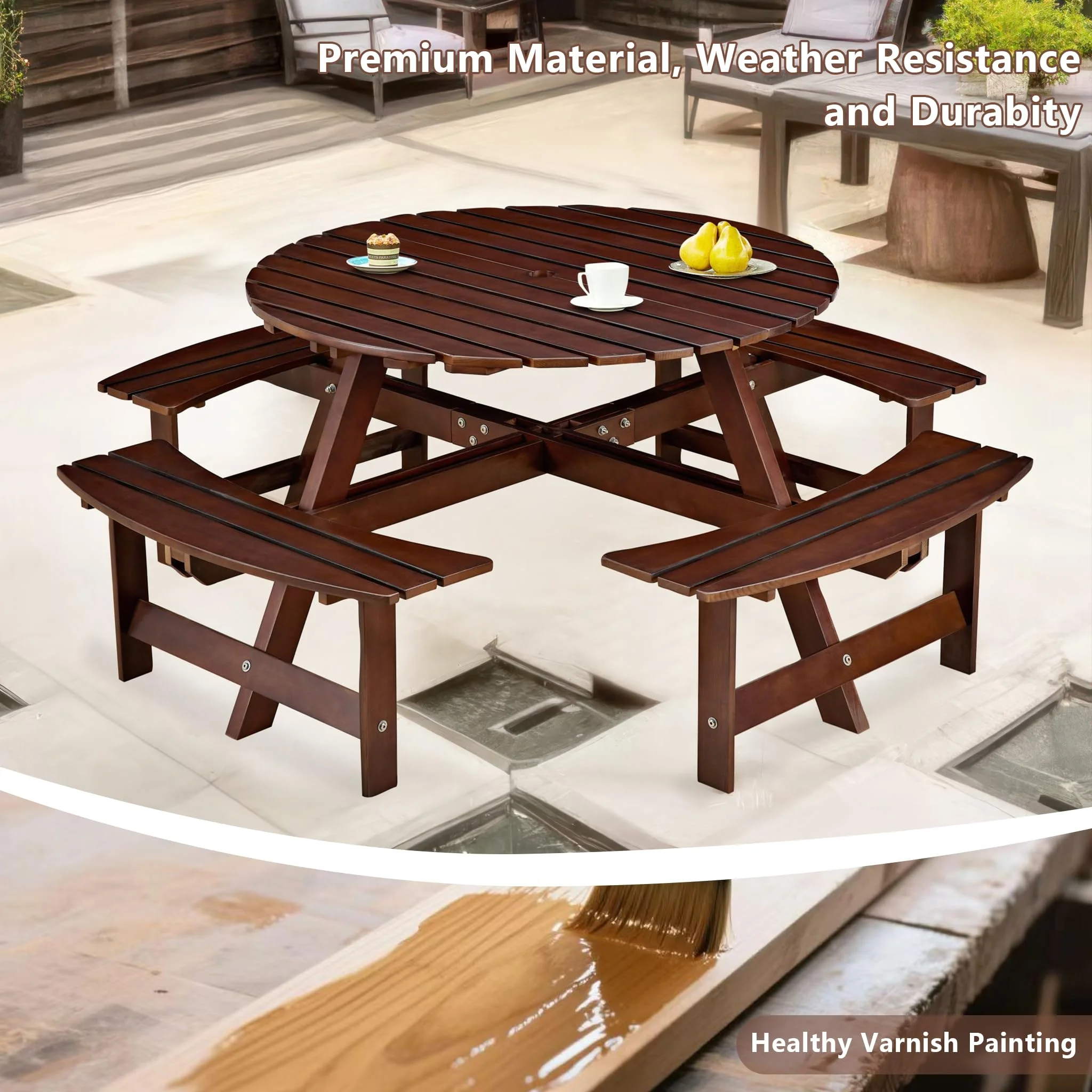 8 Person Wood Picnic Table, Outdoor Round Picnic Table with 4 Built-in Benches, Umbrella Hole, Outside Table and Bench Set for Patio, Backyard, 500lbs Capacity Per Bench - Image 15