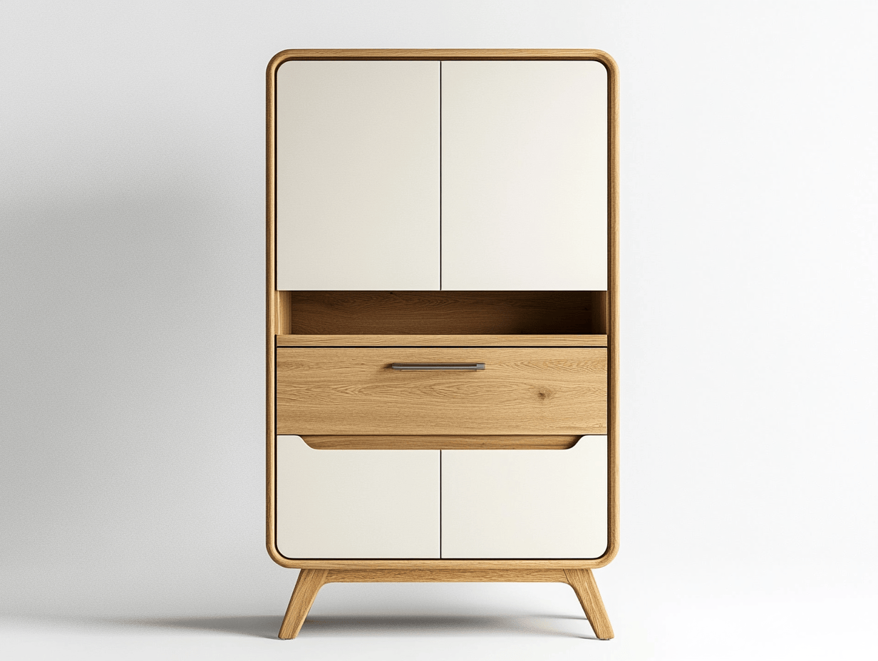 Armario Alto con Dos Puertas y Un Cajón en Blanco y Madera Natural