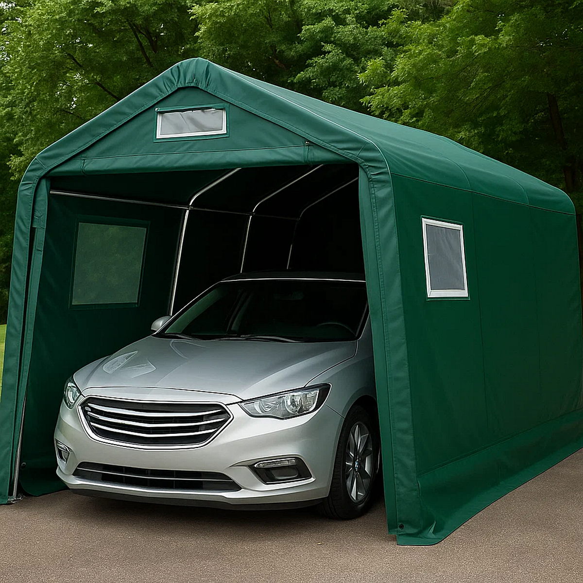 Carpa garaje 3,6x6x2,8m PE verde para coche con estructura de acero galvanizado y puertas enrollables