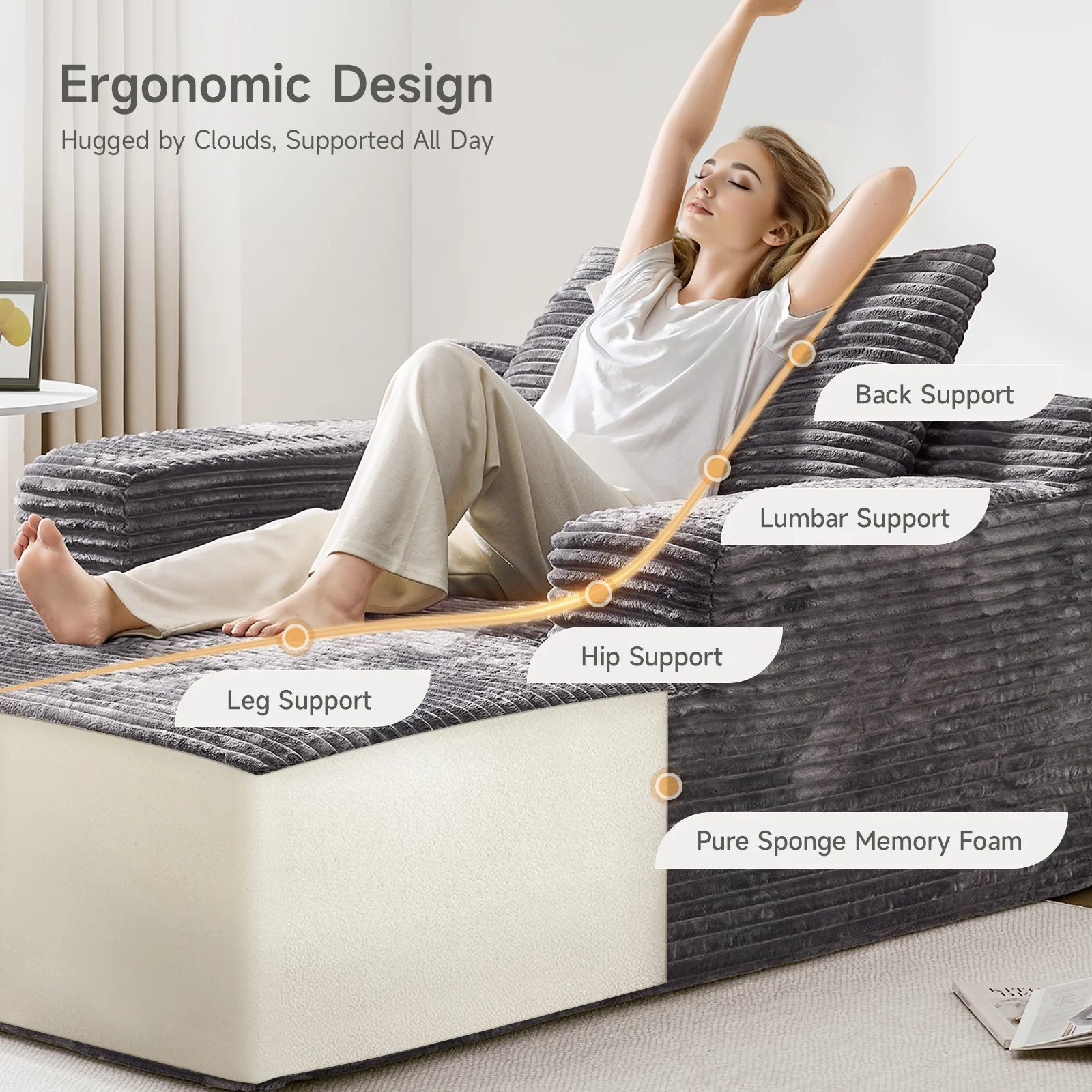 65" Corduroy Cloud Sleeper Chaise Lounge Chair, No Assembly Sofa Bed with Pillows, Beige - Image 16
