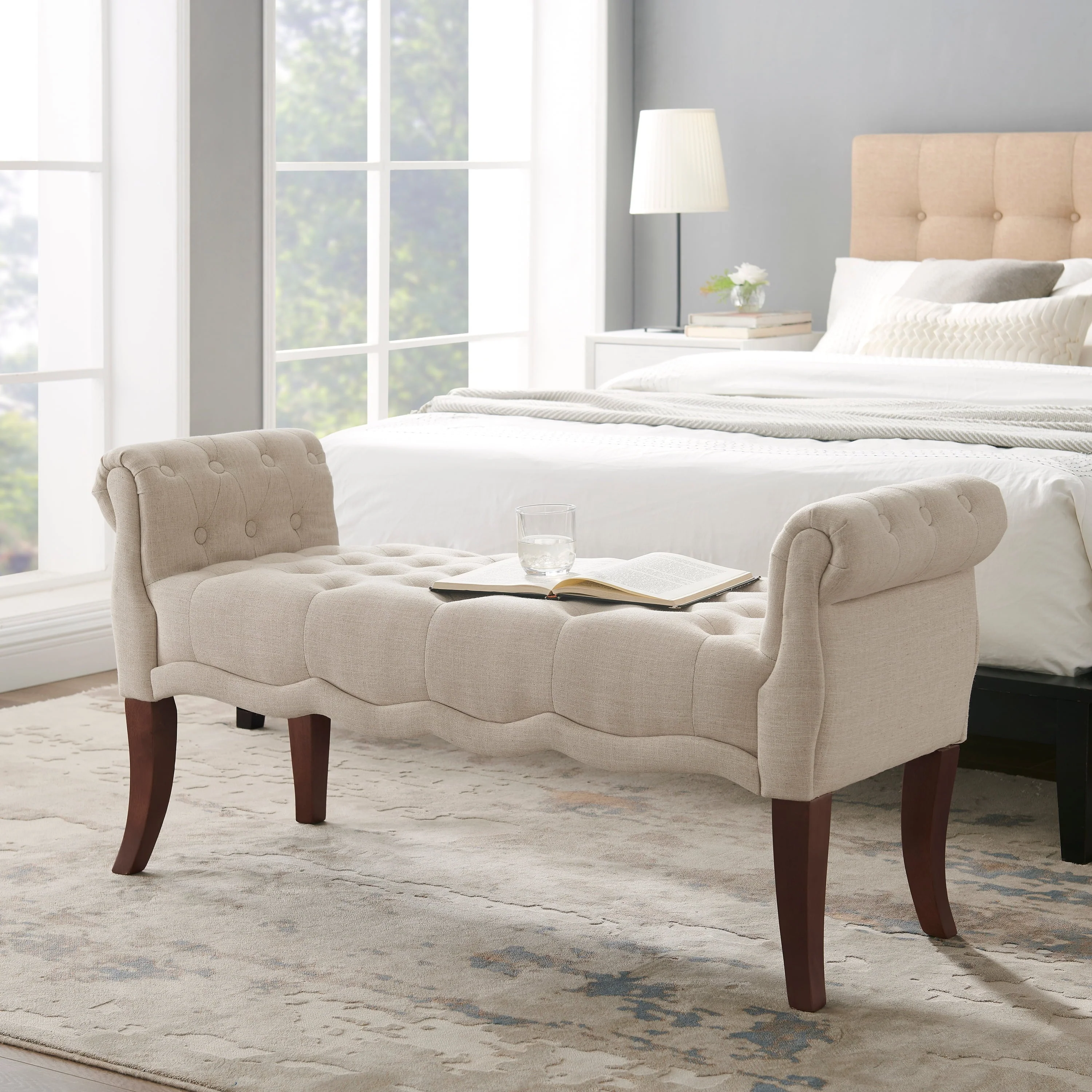 Linon Menlo Rolled Arm Button Tufted Bench, Dark Walnut Finish with Natural Fabric - Image 2