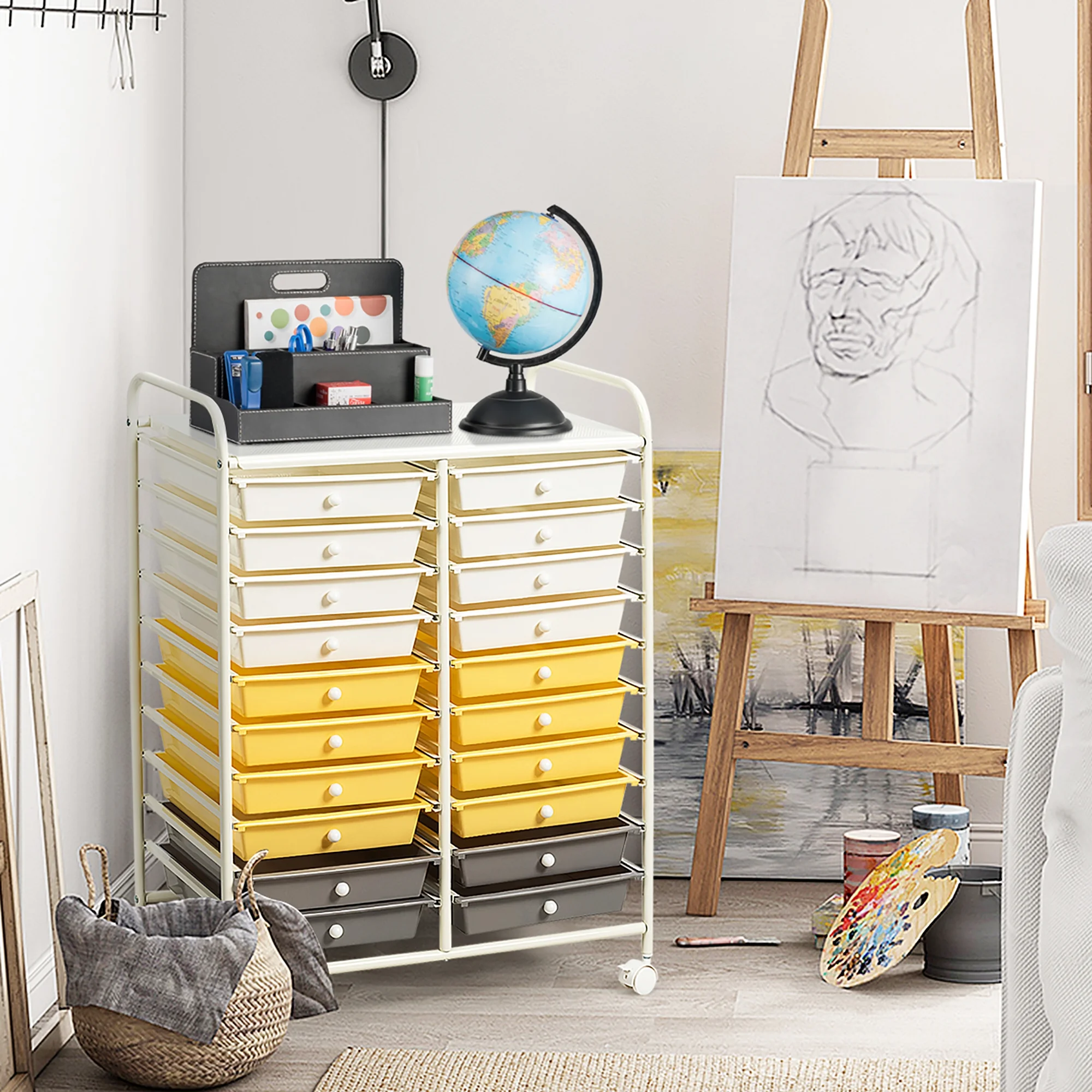Costway 20 Drawer Rolling Storage Cart Tools Scrapbook Paper Office School Organizer Yellow - Image 6