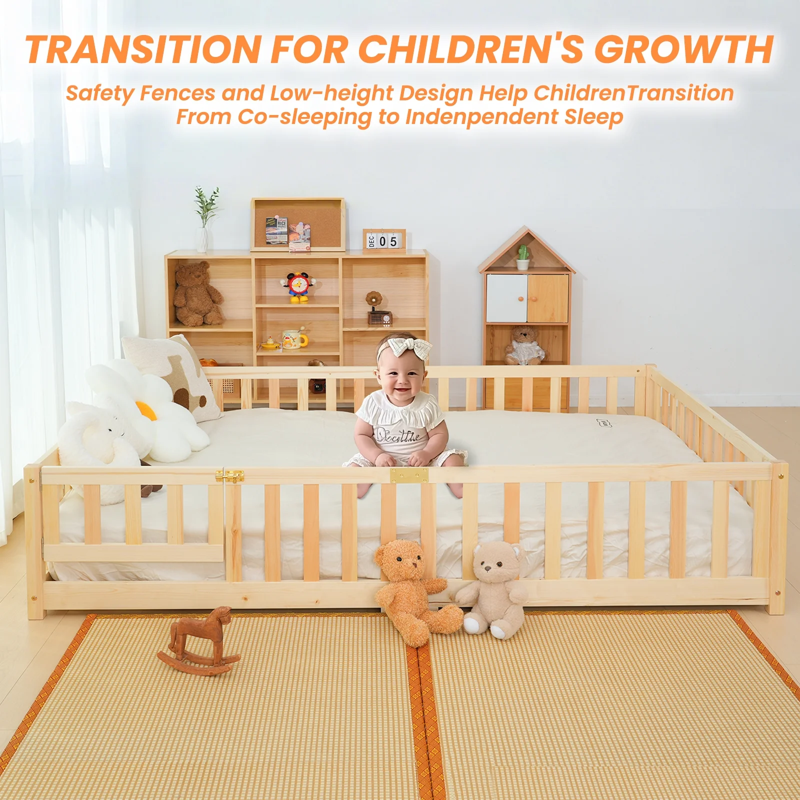 Slsy Twin Size Toddler Floor Bed, Solid Wood Montessori Bed Frame with Fence & Door Montessori Floor Bed Crib with Safety Guardrails for Girls and Boys - Image 21