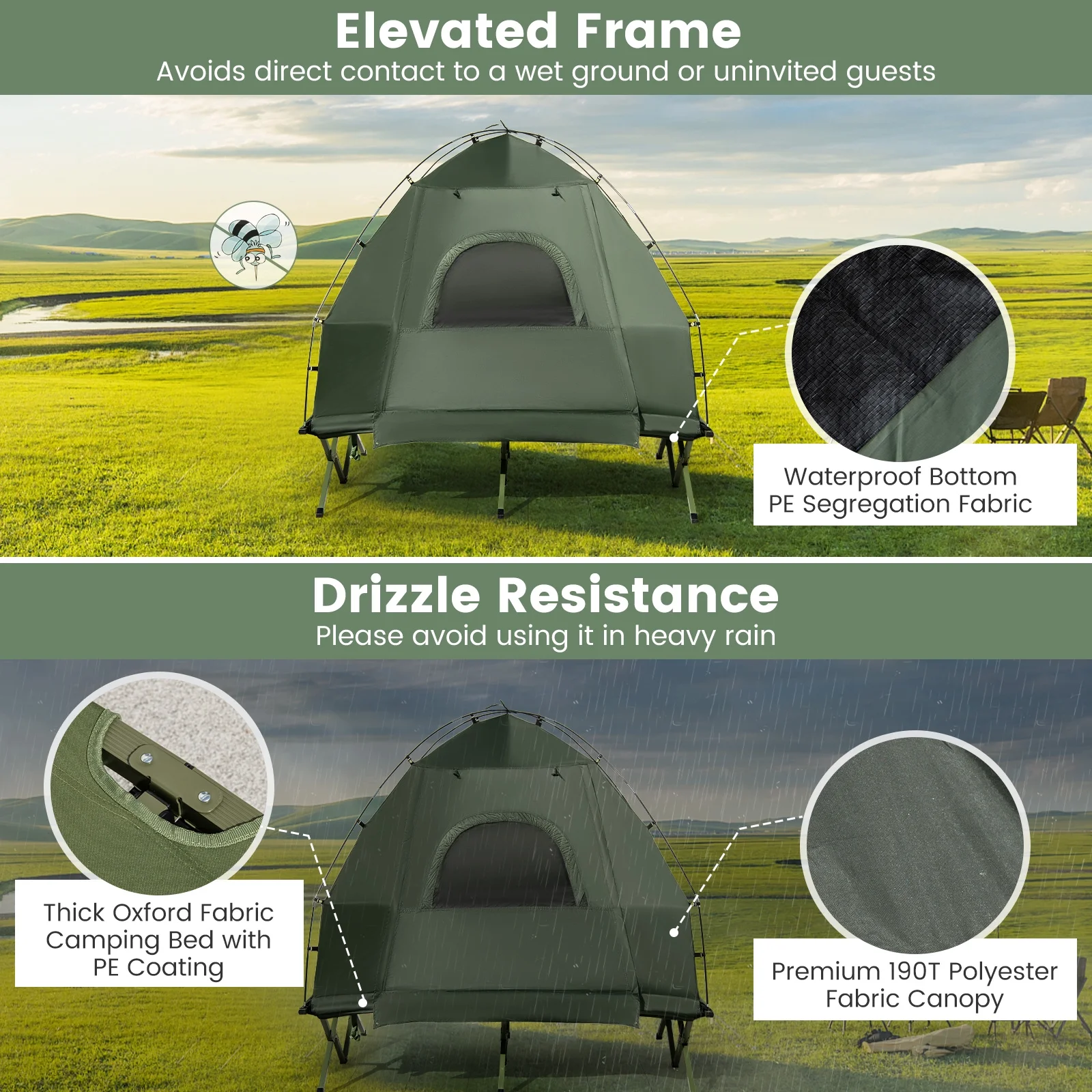 Gymax 2-Person Camping Tent Cot 5-in-1 Folding Camping Bed w/ Air Mattress Pillow Sleeping Bag - Image 5