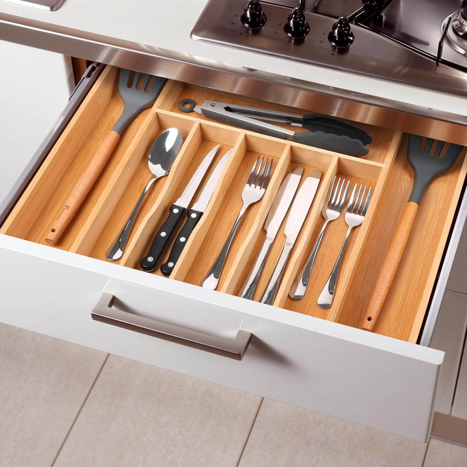 Large Premium Bamboo Silverware Organizer - Expandable Drawer Organizer & Utensil Organizer - 17