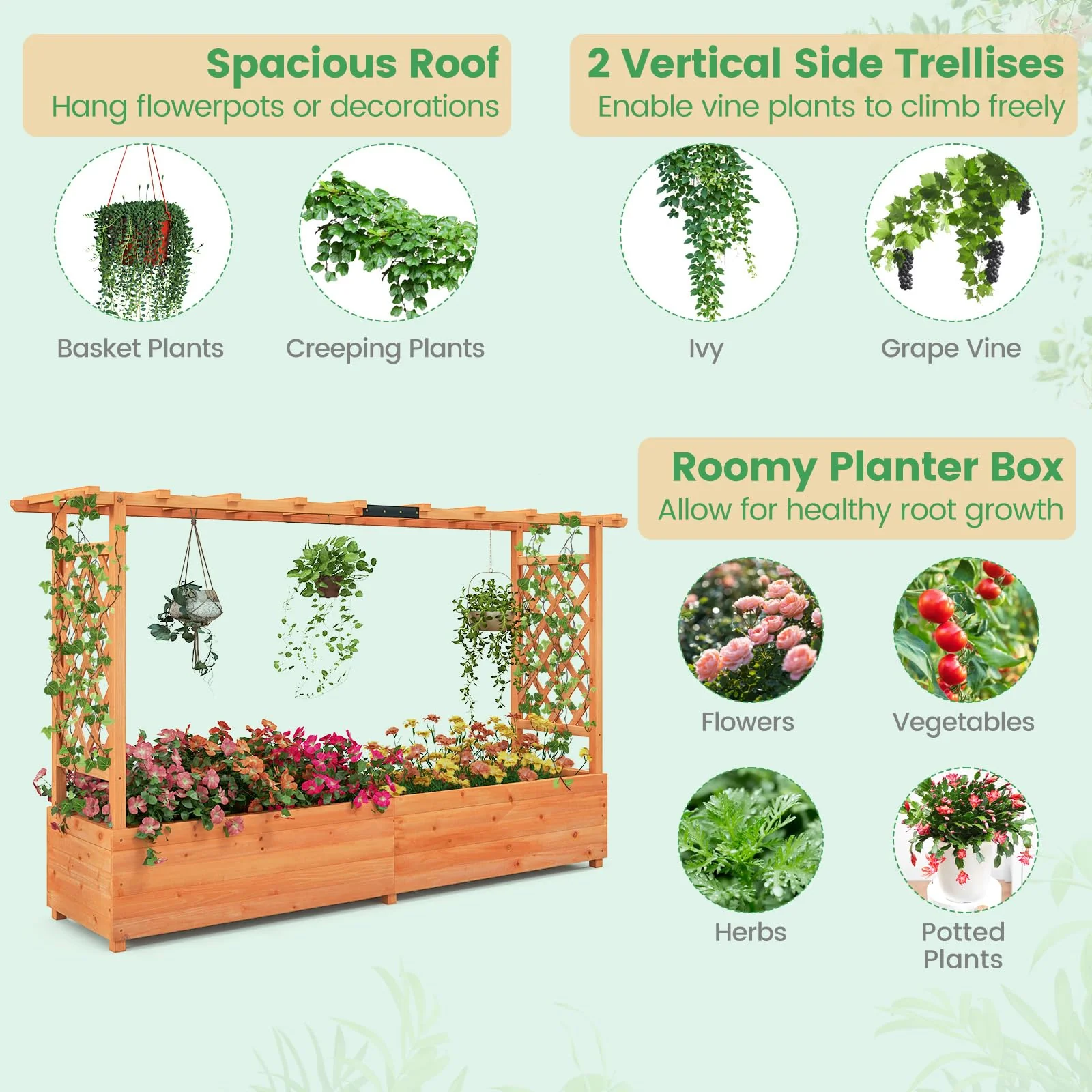 Eletriclife Fir Wood Raised Garden Bed with 2-Sided Trellis and Hanging Roof