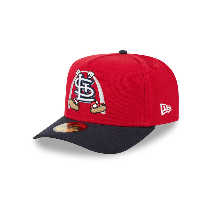 Three-quarter left angle of the red and navy St. Louis Cardinals Cartoon Arch 59FIFTY fitted cap.