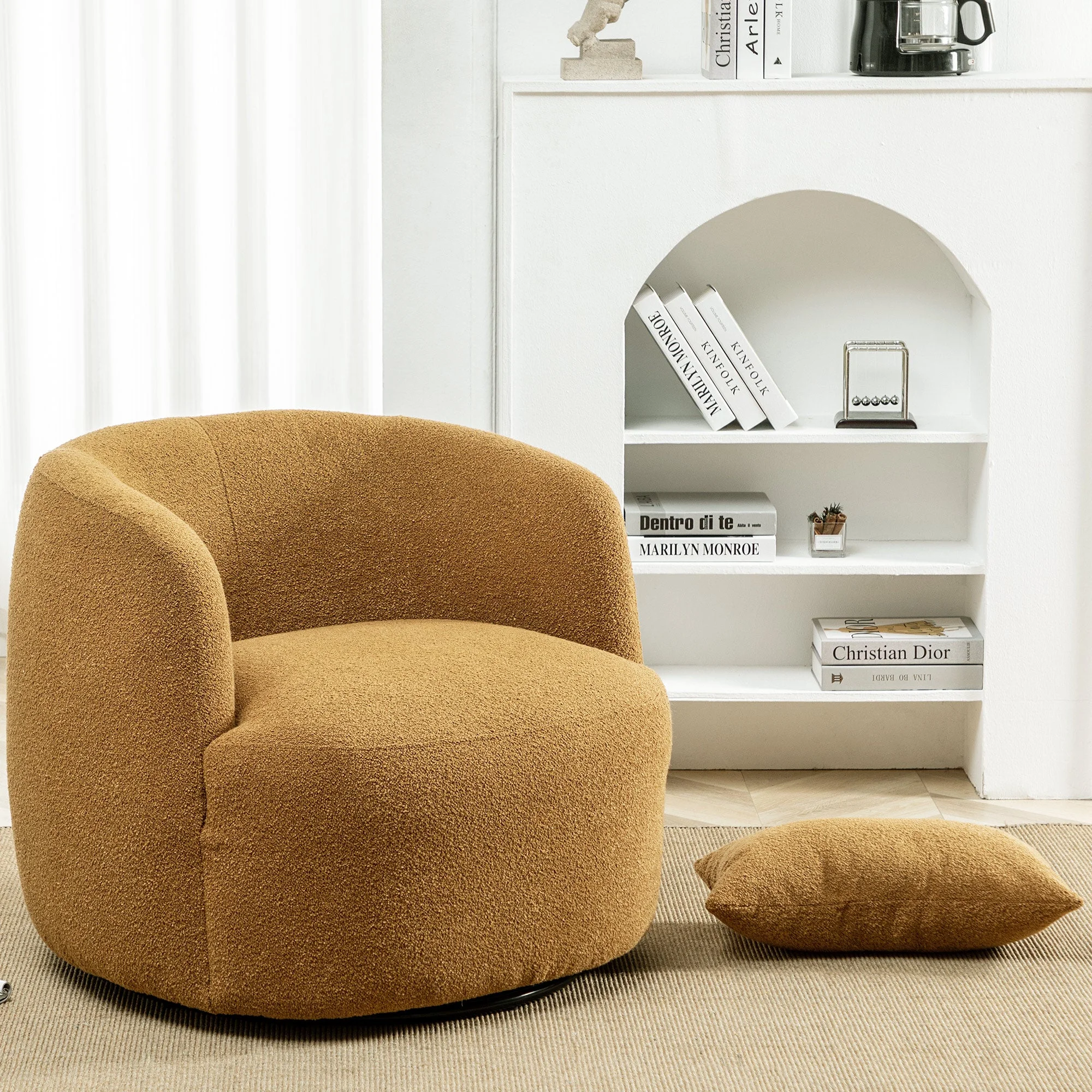 34" Wide Boucle Swivel Barrel Chair, No Assembly Round Upholstered Armchair Accent Chair Single Sofa Chair with Toss Pillow for Living Room and Bedroom, Taupe - Image 46