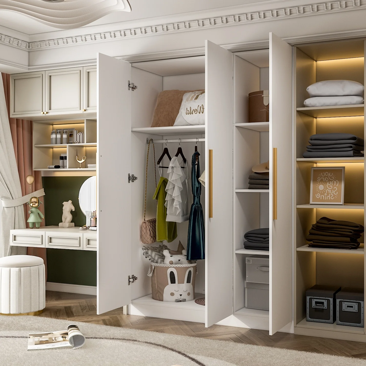 FUFU&GAGA Wardrobe Armoire Wooden Closet Cabinet 6 Storage Cube and Hanging Rod White - Image 4