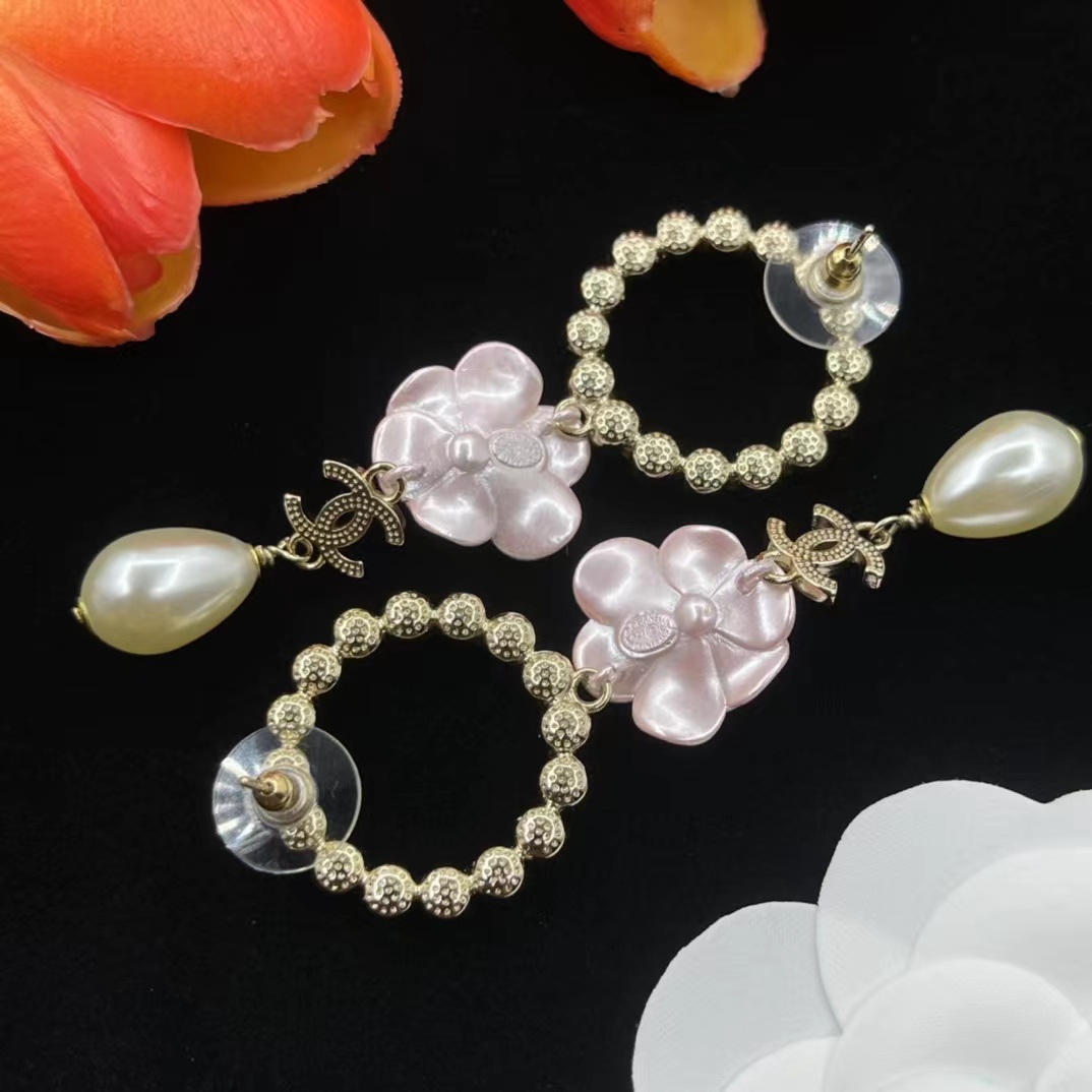 Chanel Pink Camellia Pearl Dangle Earrings - Original Replica Club