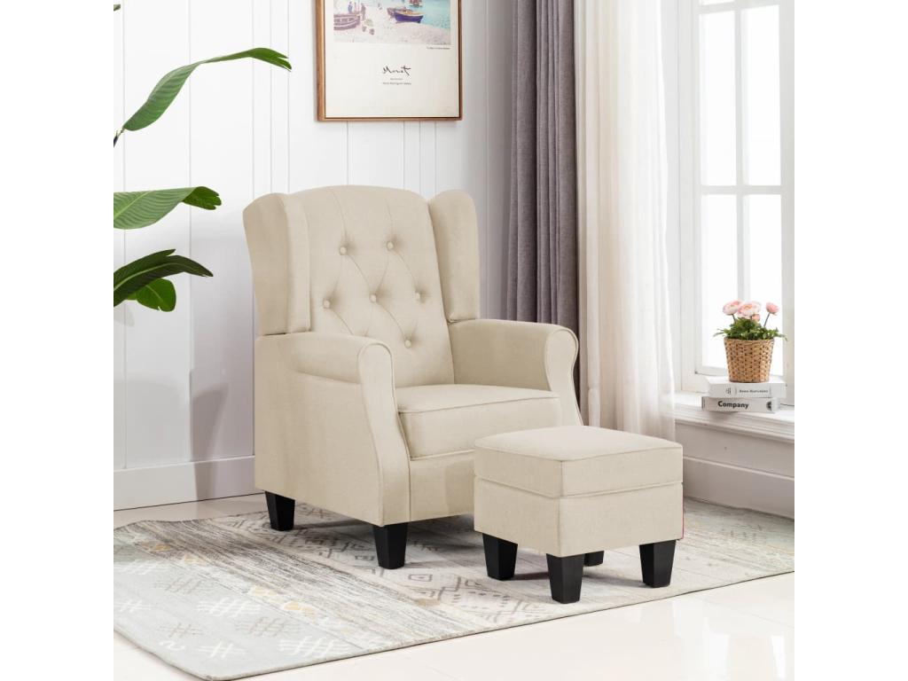 Sillón con taburete reposapiés de tela crema