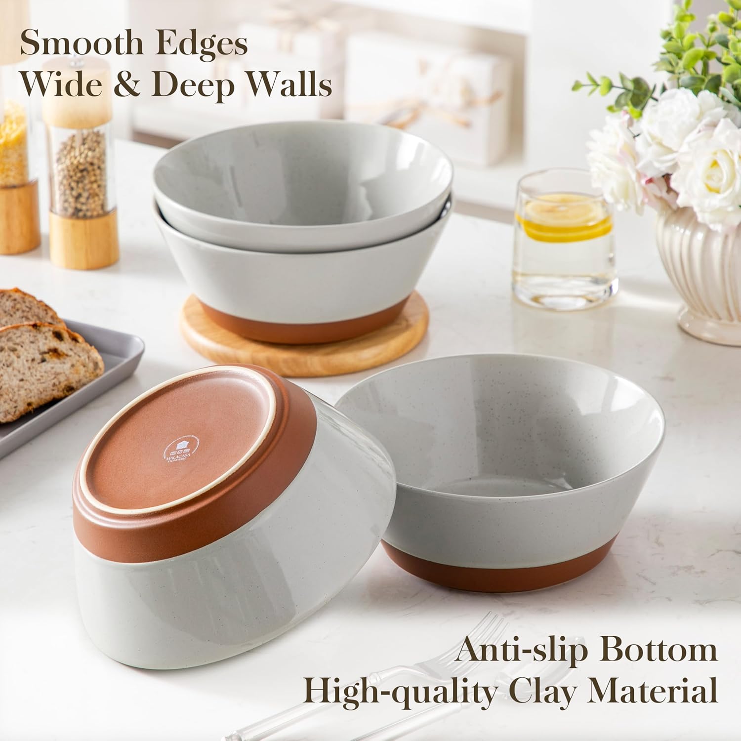 MALACASA Salad Bowls Set of 4, Soup Bowls for Kitchen, 60oz Large Ceramic Bowl for Ramen, Cereal, Fruit, Pho and Pasta, Microwave & Dishwasher Safe, Speckled Deep Bowls, Grey & Brown