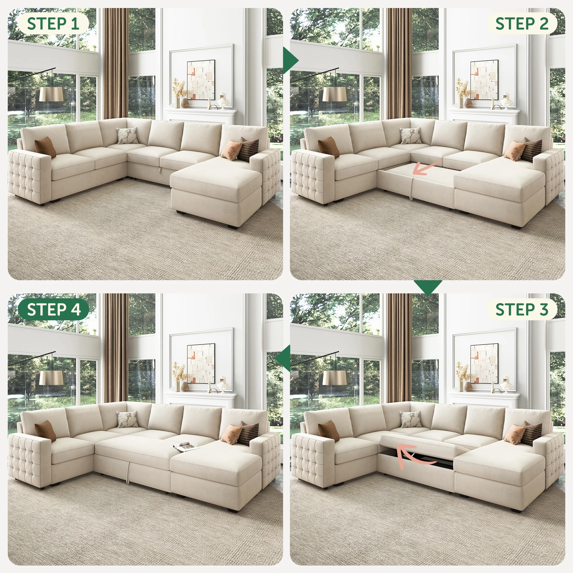HONBAY Modular Sectional Pull-Out Sofa Bed with Storage Velvet U-Shaped Convertible Sleeper Sofa for Living Room, Blue - Image 42