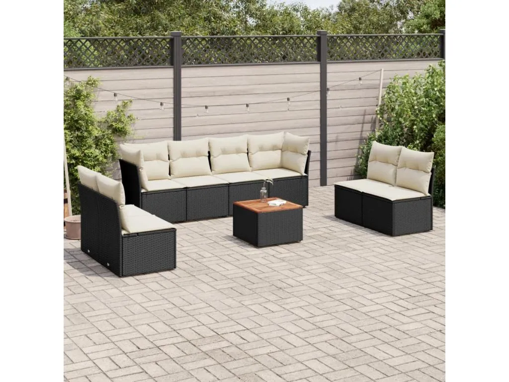 Set de sofás de jardín 8 piezas y cojines ratán sintético negro