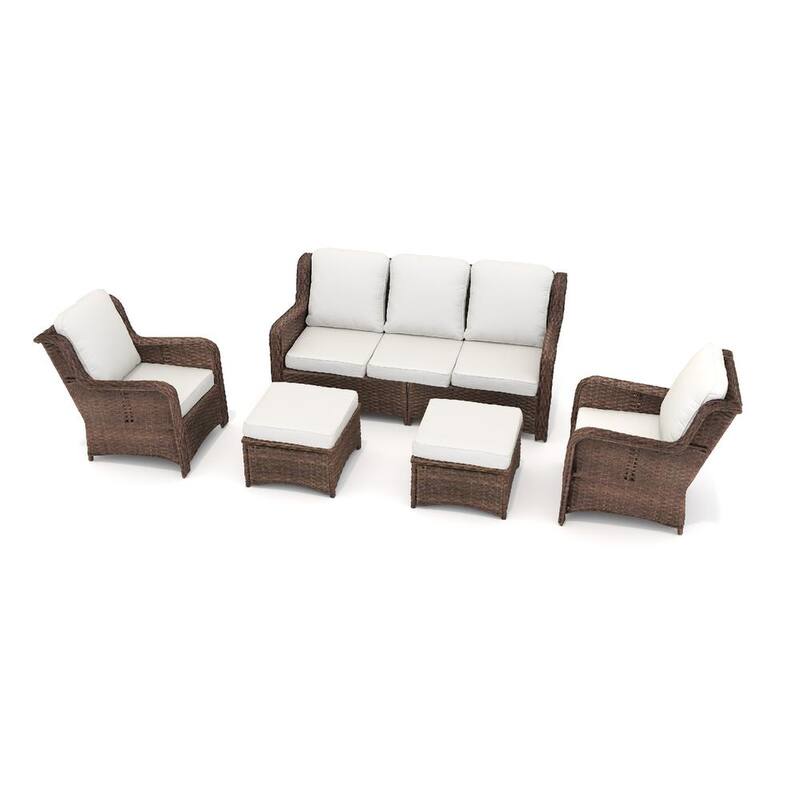 Set de Sofá Seccional Exterior de 5 Piezas en Rattan Marrón con Cojines Blancos para Patio, Jardín o Balcón bl5182571