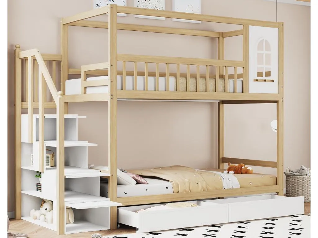 Litera 90x200 cm de Mobtrendy maciza - 2 cajones y escalera portaobjetos - Natural y Blanco 65141gcix