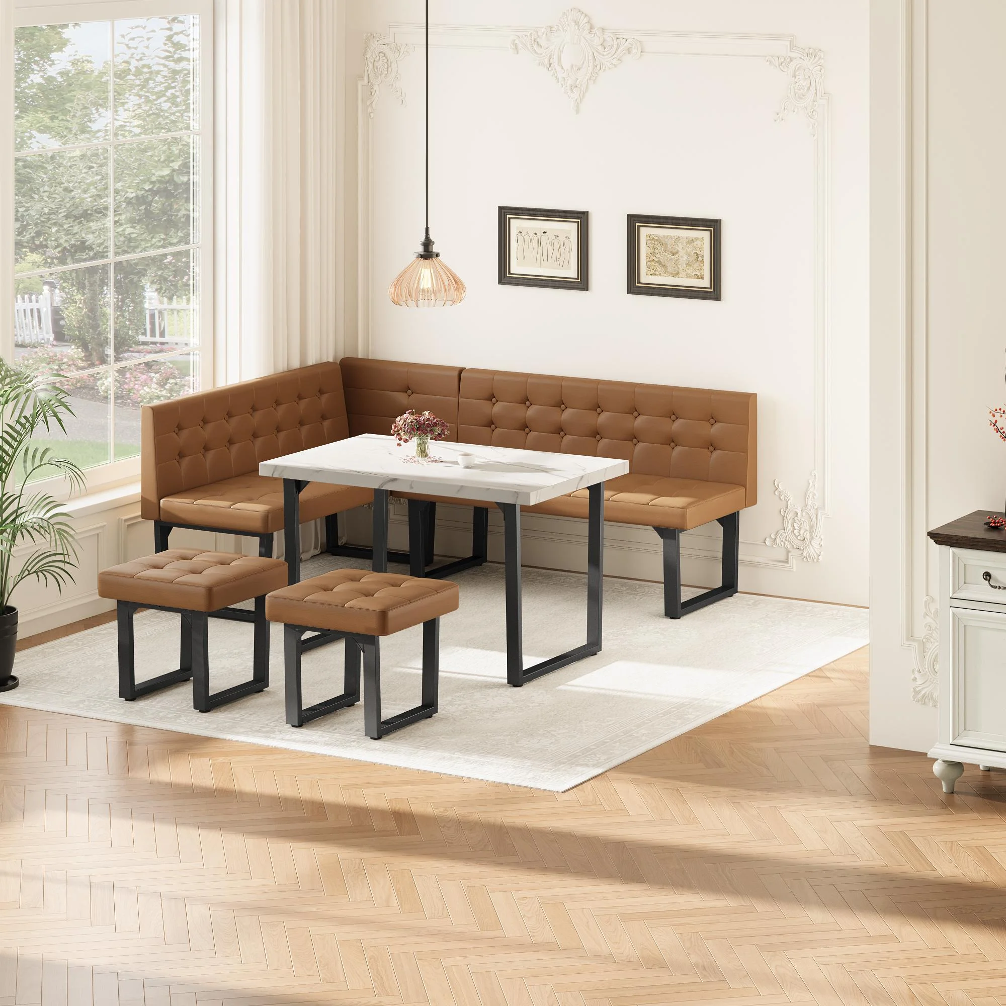 Brafab 5 Piece Corner Dining Breakfast Nook with Table and Bench Modern Kitchen Table Set with Gray Upholstered Banquette Seating - Image 12