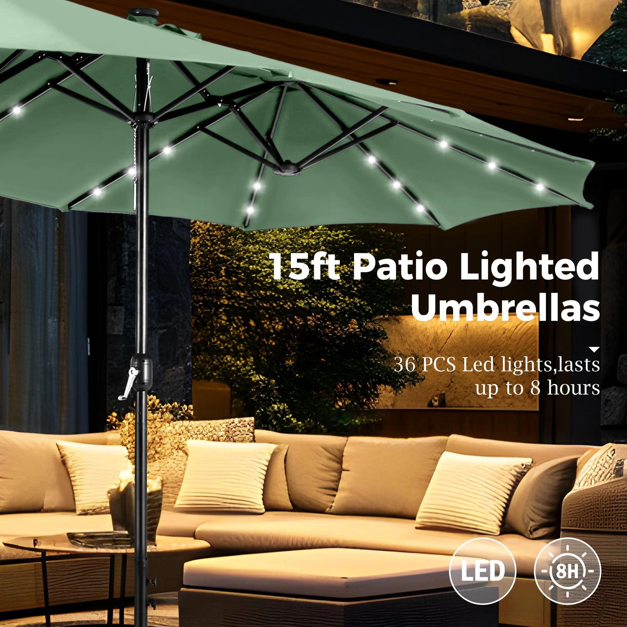 Alpha Joy 15ft Extra Large Outdoor Patio Double-Sided Umbrella with LED Solar Lights & Umbrella Base, Beige - Image 57