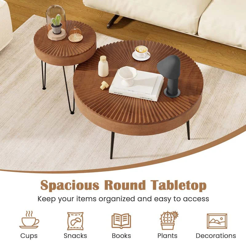 Eletriclife Set of 2 Boho Round Coffee Table with Solid Pine Wood Top and Metal Legs