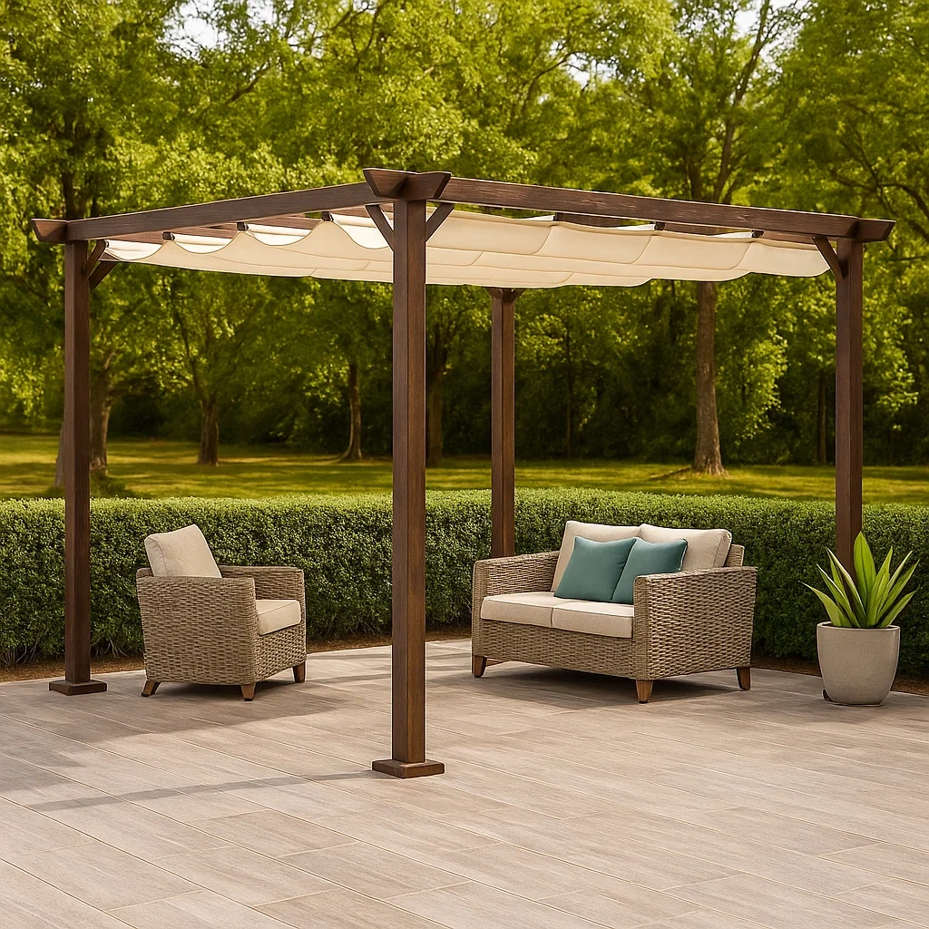 Pérgola de madera con toldo retráctil,estructura de madera marrón,techo de tela,instalación autoportante,3x2,5x2,6 m,para patios y jardines - O6bfteeX9Wgc