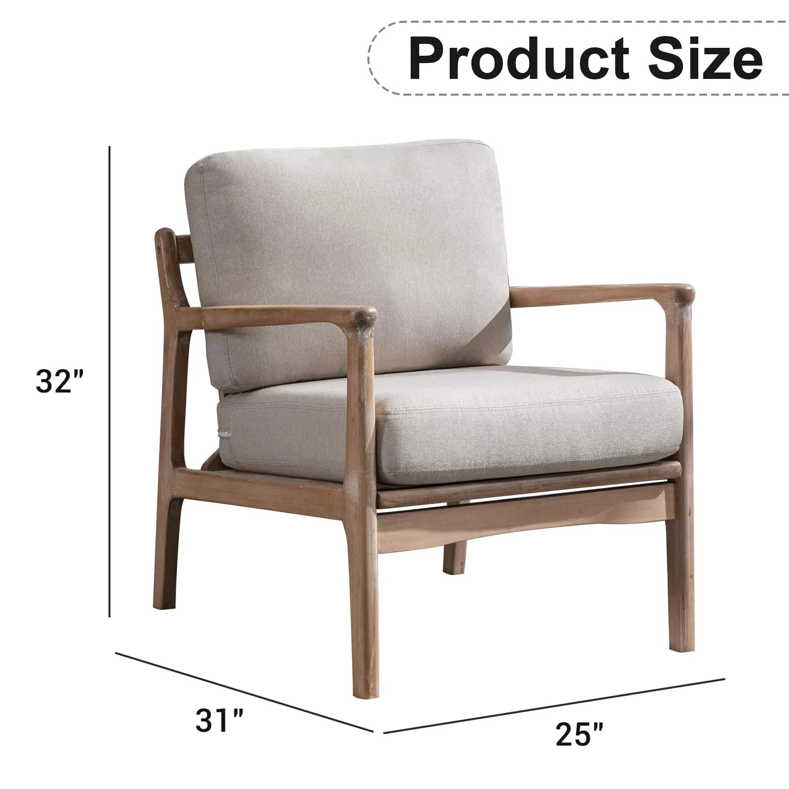 Bonzy Home Design Accent Chair, Comfy Fabric Armchair with Solid Wood Frame & Removable Cushions, Upholstered Reading Chair for Living Room Bedroom, Beige - Image 2