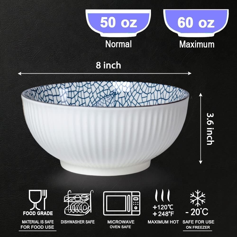Houlu 60 oz Pho Bowls, Large Soup Bowl, Japanese Ramen Bowl Set, 8 inches Big Porcelain Bowls Set of 3, Striped Pattern