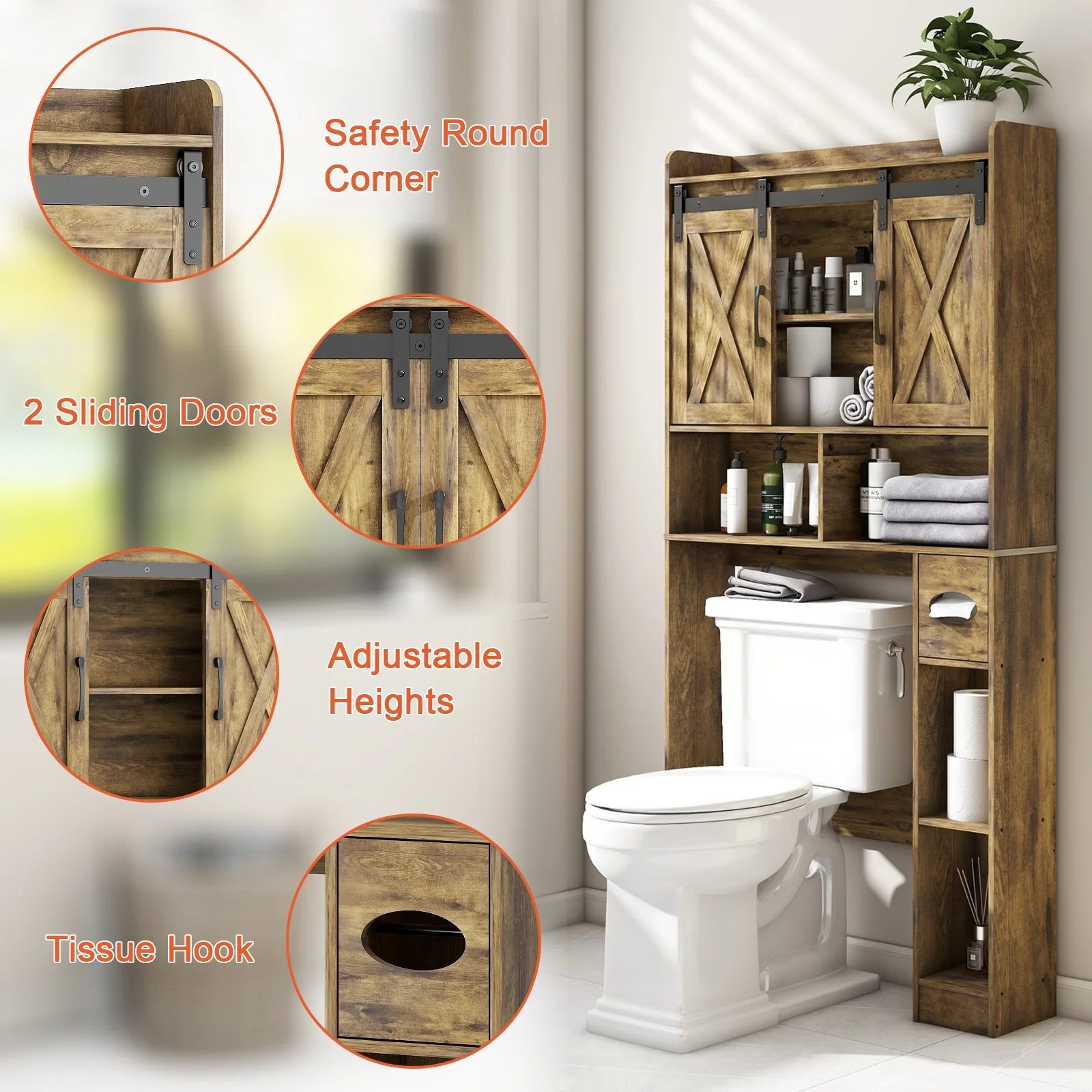 Over The Toilet Storage Cabinet, Farmhouse Storage Cabinet Over Toilet with Sliding Doors-Home Space-Saving Toilet Rack, for Bathroom, Restroom, Laundry - Image 26