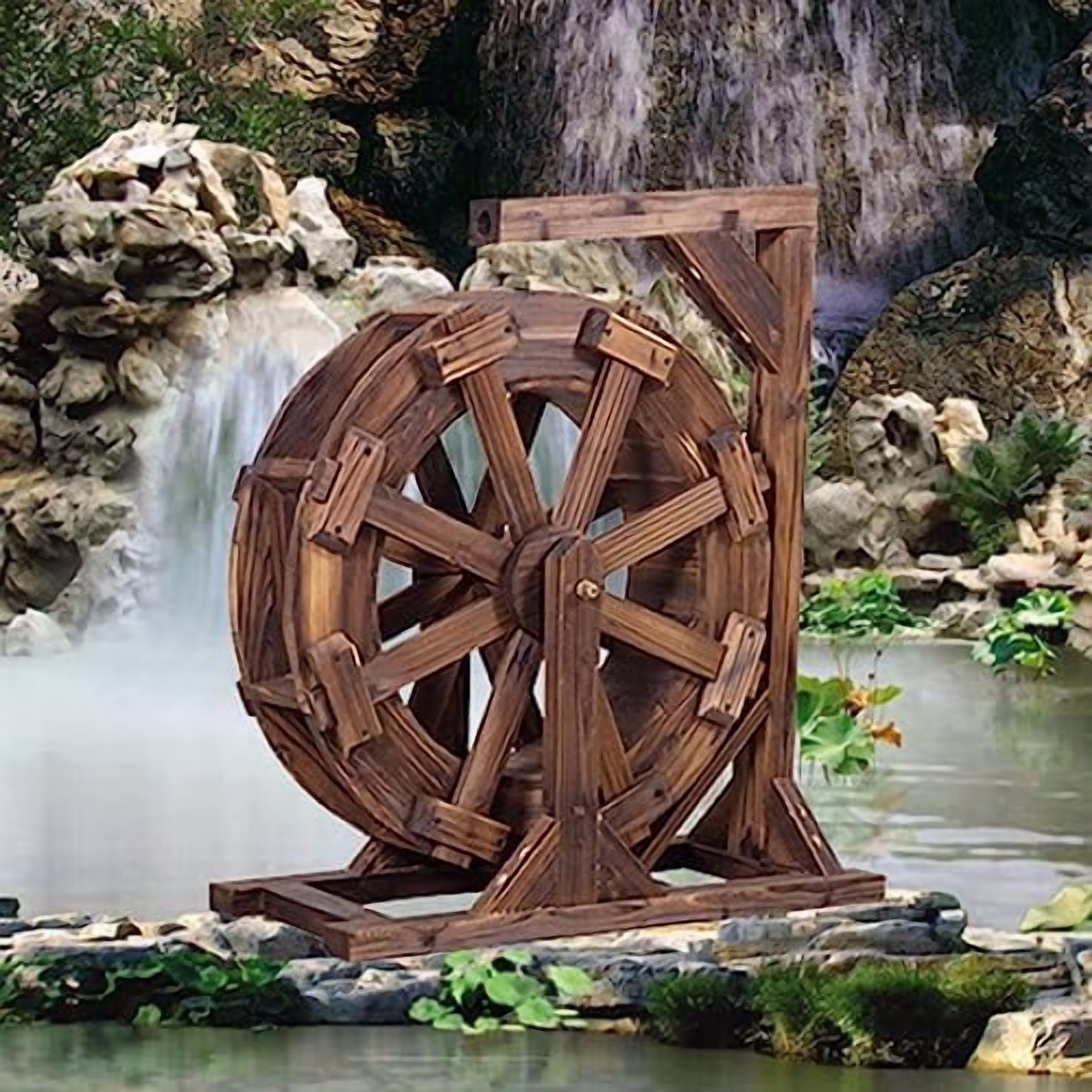 Water Wheel Fountain Outdoor Garden with Stand, Outdoor Water Fountains and Waterfalls, Wooden Water Wheel Fountain for Patio Pond Pool, Garden Decoration Water Feature, Vintage Rustic Ornamental (Co(Diameter 30cm/Carbonized Color)