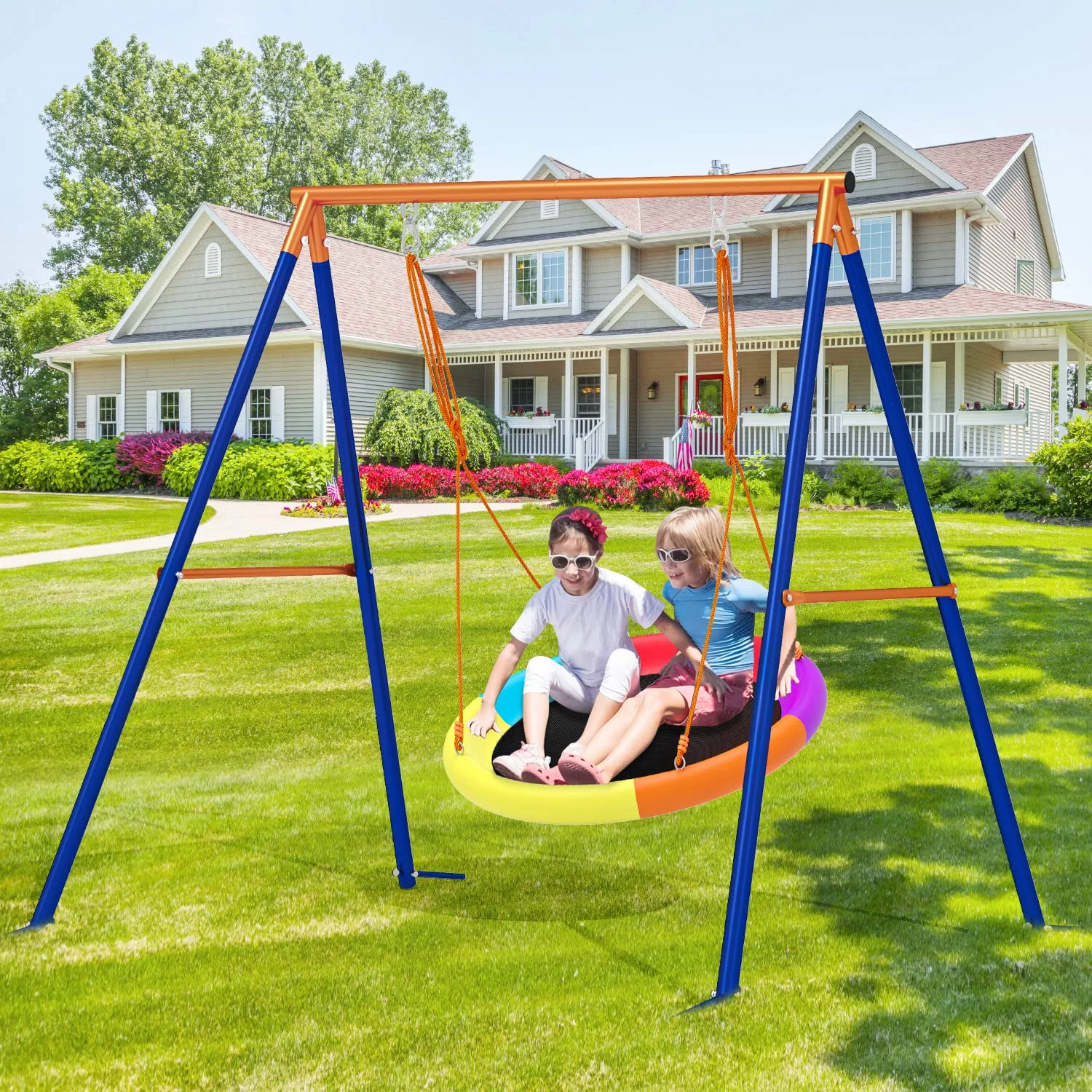 GIKPAL Swing Sets for Outside 440lbs Swing Set for 2-3 Kids Outdoor with Heavy-Duty Metal Frame & Adjustable Ropes Round Swing, Rainbow - Image 4