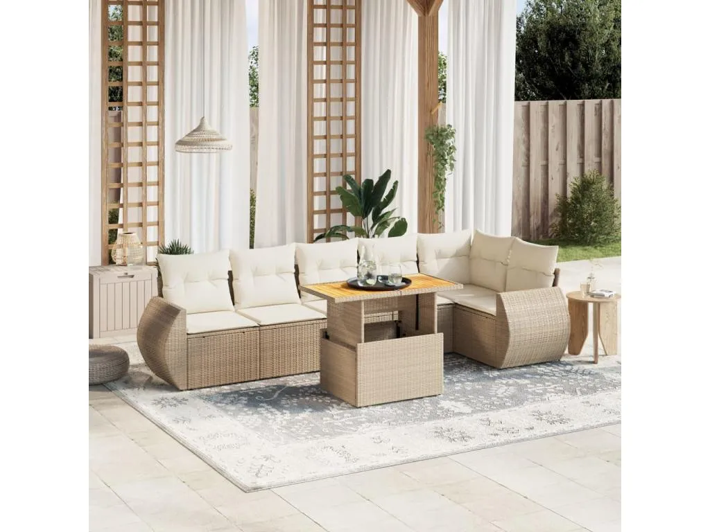 Set sofás de jardín 7 piezas y cojines ratán sintético beige 40476PILN