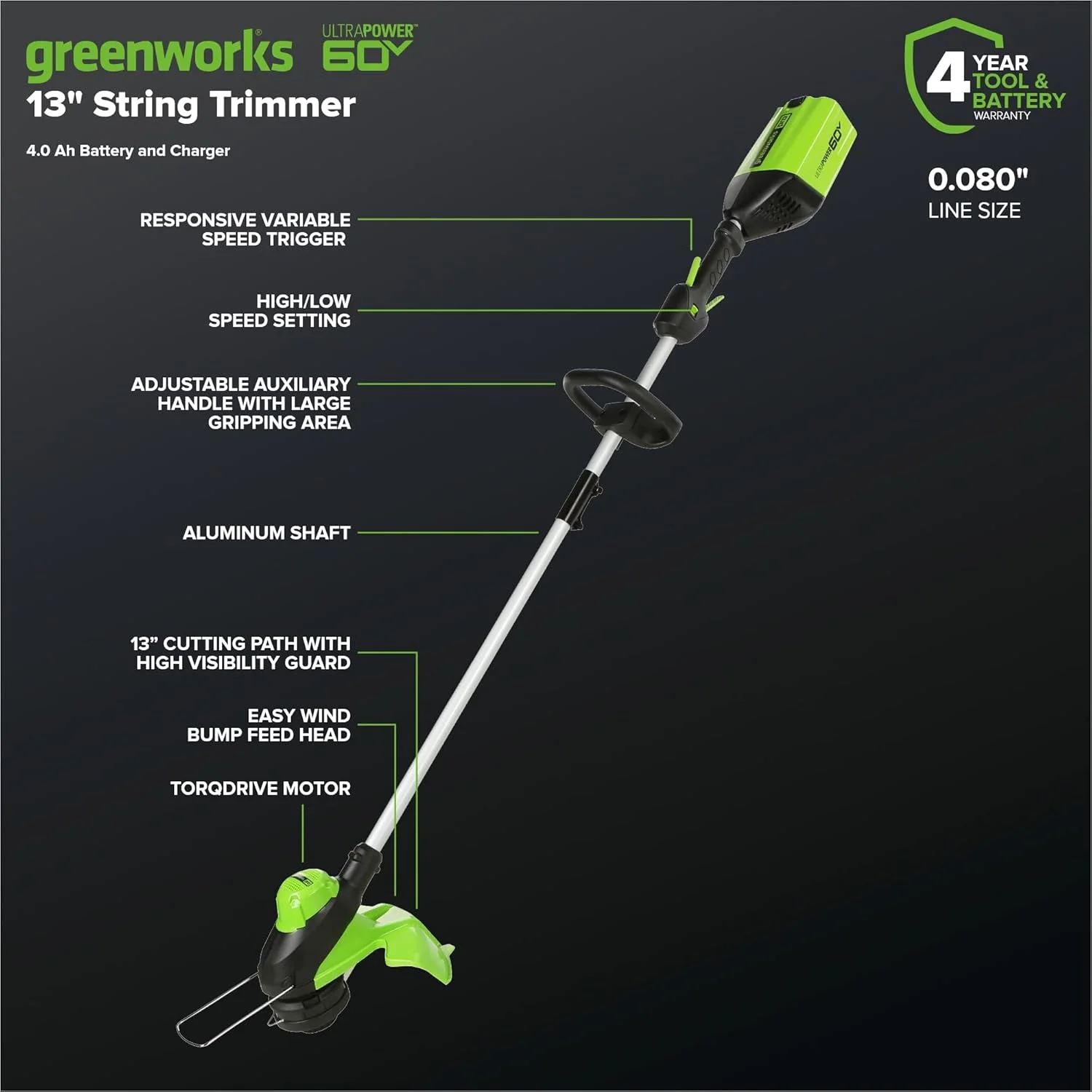 Greenworks 60V 17" Brushless (Push) Mower + 60V 13" String Trimmer, 4.0Ah Battery and 3A Charger - Image 3