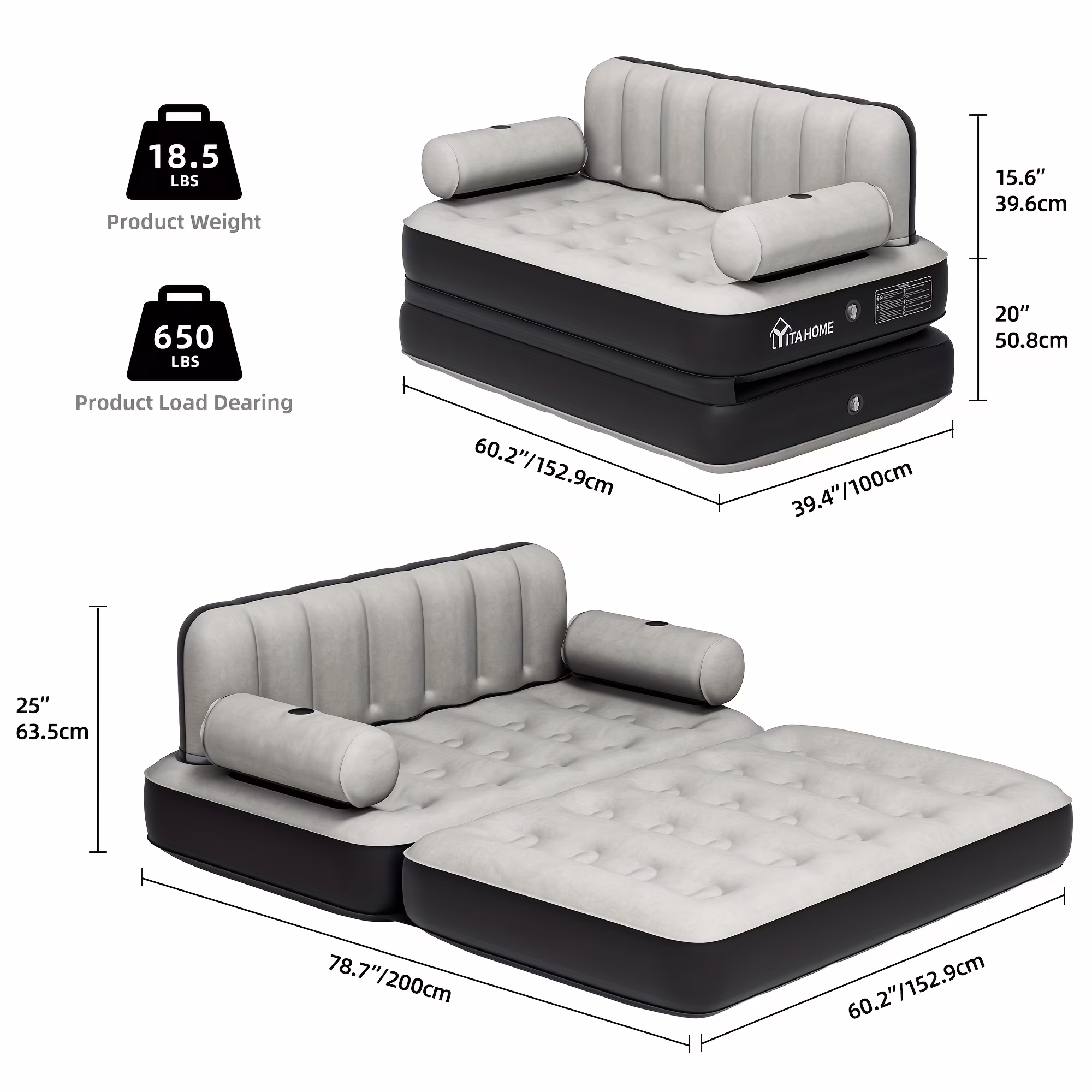 Inflatable Air Sofa Bed 2-in-1 Backrest Couch Airbed With Headboard And Pump Convertible Blow Up Bed Mattress For Home, Camping, And Guests, Living Room Furniture, Queen Size - Image 2