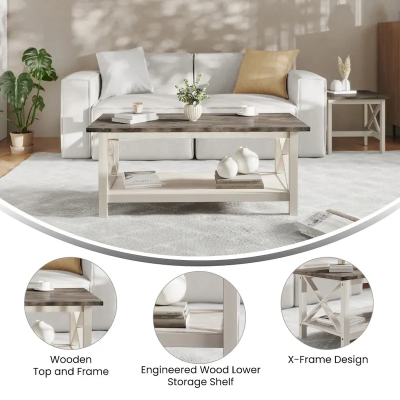 Farmhouse Coffee Table with Shelf and X-Frame Design