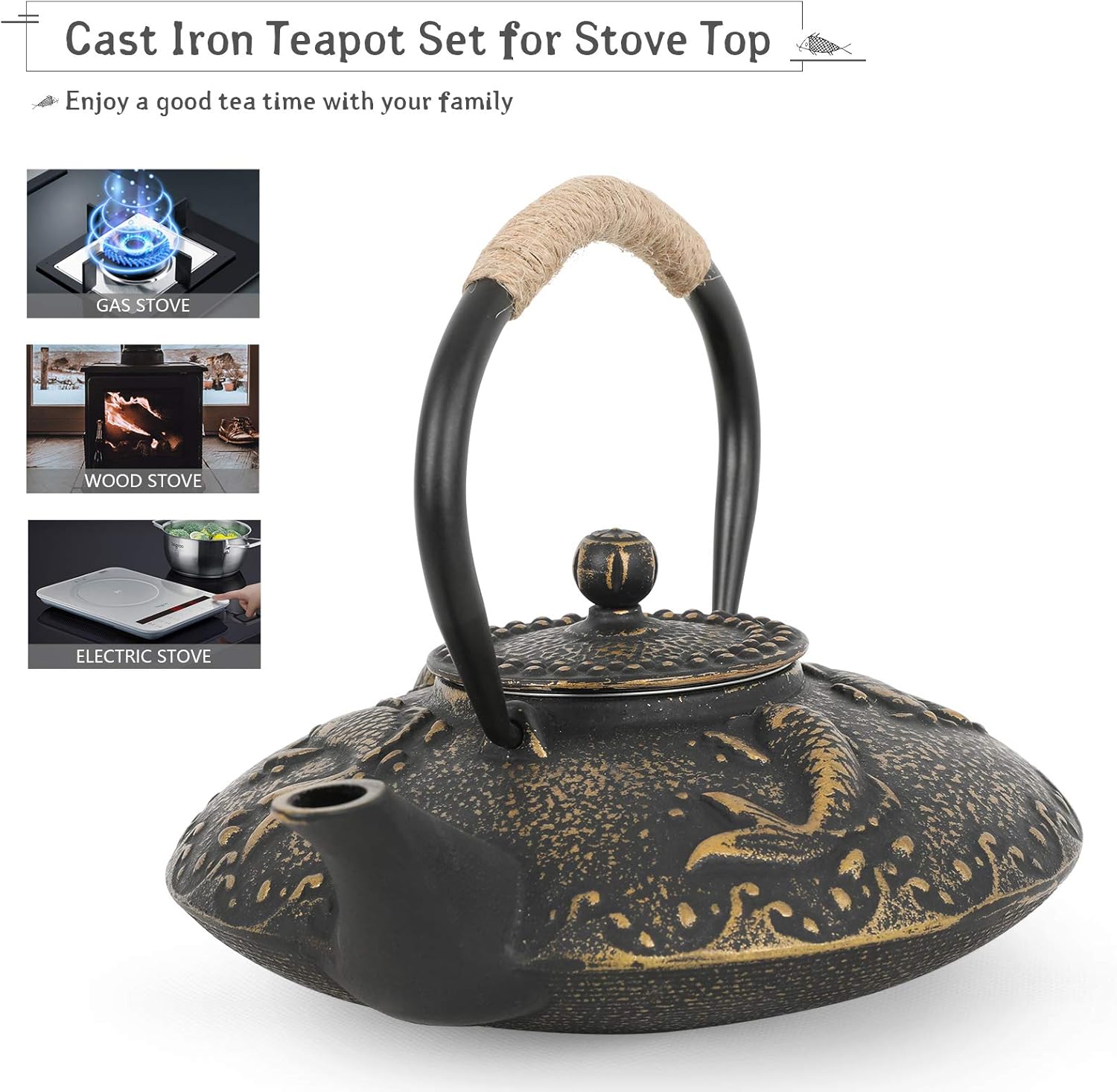 Ufine Koi Fish Cast Iron Teapot Set Stove Top Tea Kettle with 4 Cups Japanese Style Tetsubin Tea Gift Set, 26 oz with Stainless Steel Infuser