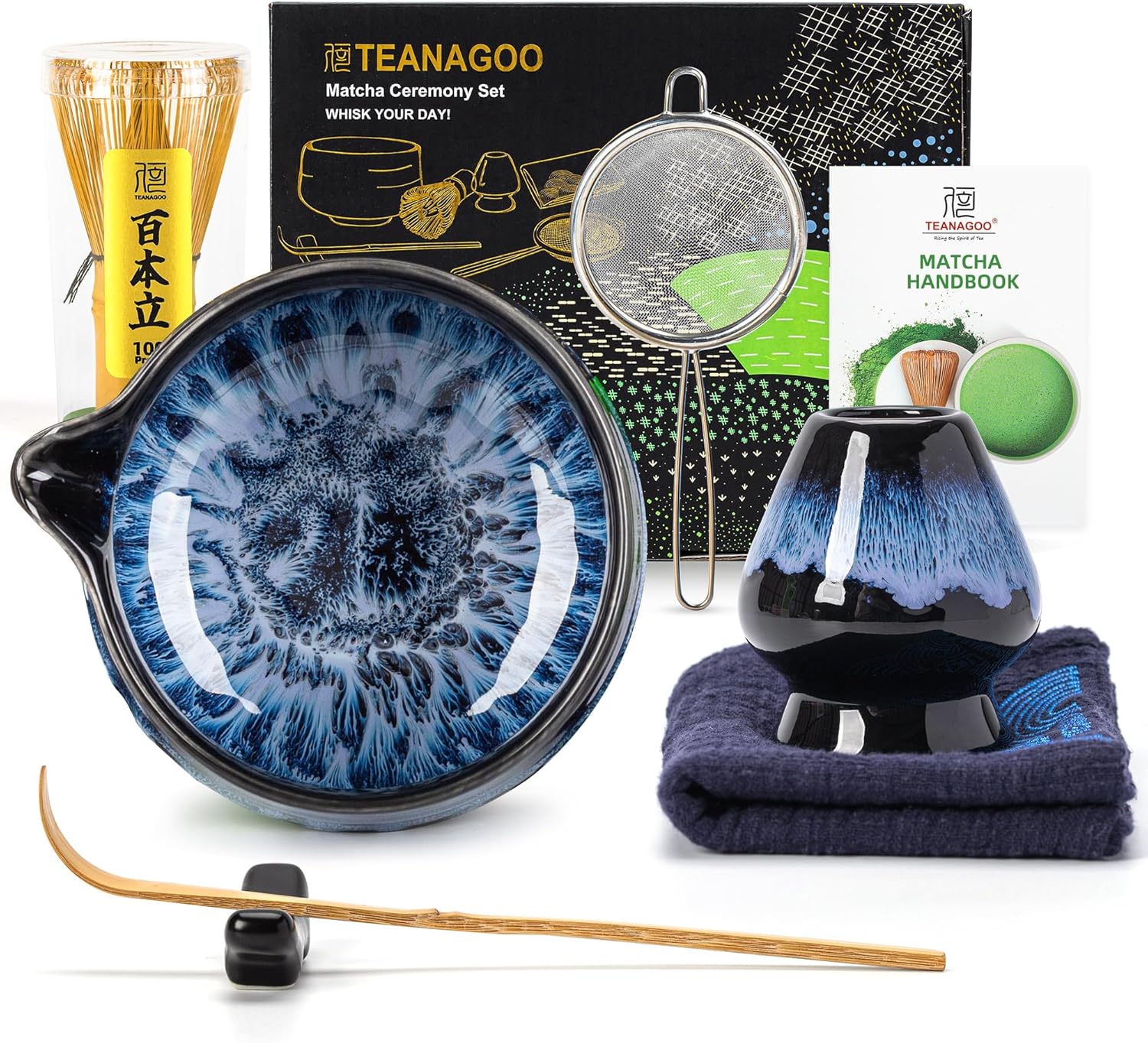 TEANAGOO Matcha Whisk Set, 7 Pcs Matcha Set Blue, Matcha Kit for Ceremony, Matcha Tea Set for Making Breakfast/Latte, Ceramic Matcha Bowl(chawan) whith Spout and Whisk, Gift for Friend/Family