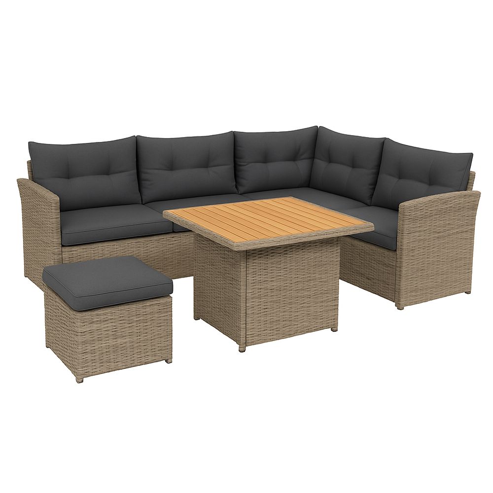 Sofá modular de exterior con mesa de centro,cojines grises,estructura de ratán sintético y mesa de madera,almacenamiento compacto