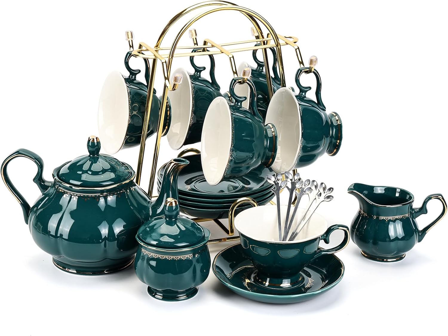 CHENP.HMC Tea Set 22-Piece Porcelain Ceramic Coffee Tea Gift Sets Cups Saucer Service for 6 Teapot Sugar Bowl Creamer Pitcher and Teaspoons (WHITE3)
