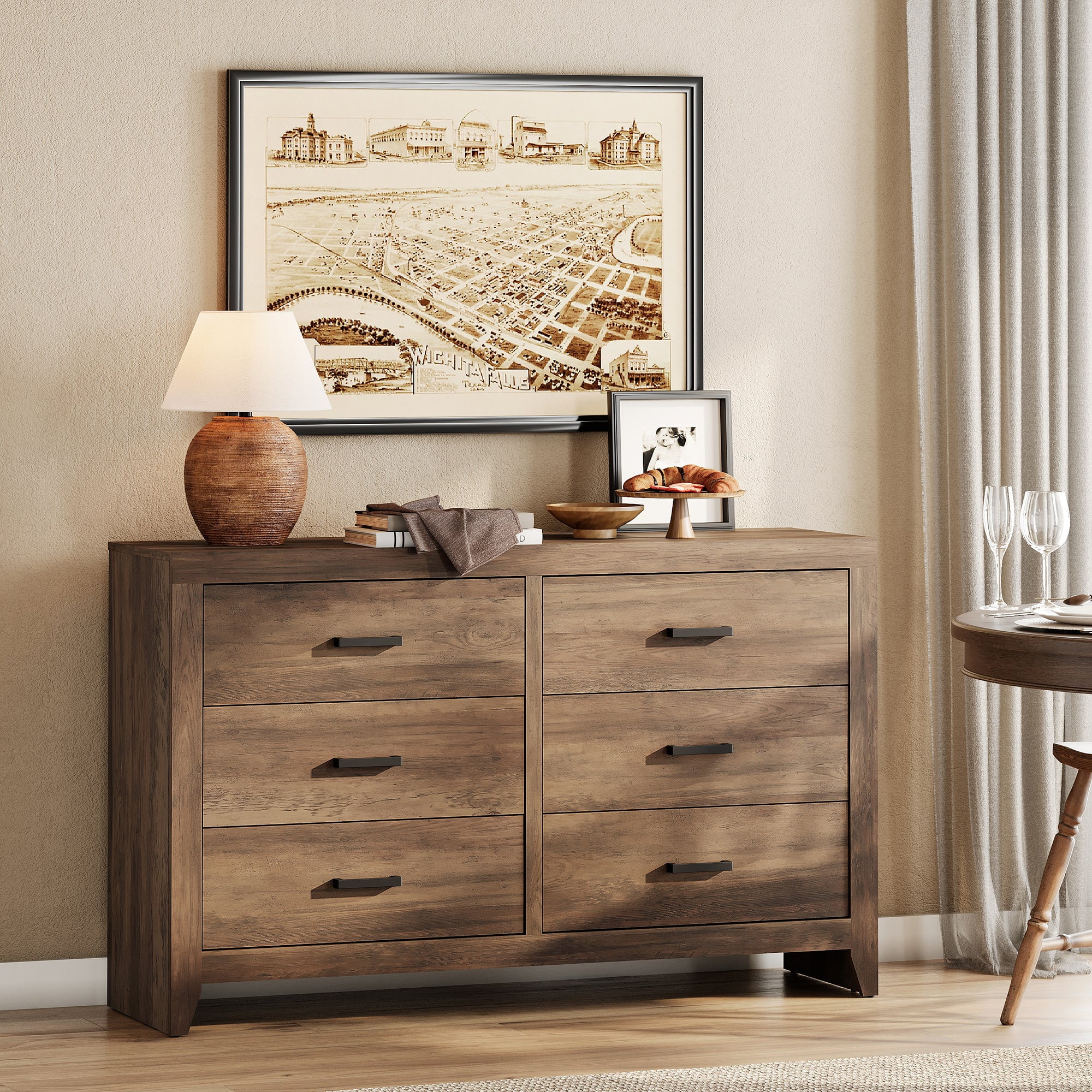 WAMPAT Dresser for Bedroom with 6 Drawers, Kids Dressers with Wide Chest of Drawers, Mid Century Modern Wooden Closet Storage Organizer, Large Wood Dresser for Living Room, Nursery, Brown - Image 2