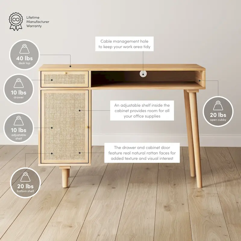 Nathan James Daisy Modern Farmhouse Desk with Storage and Brass Accents
