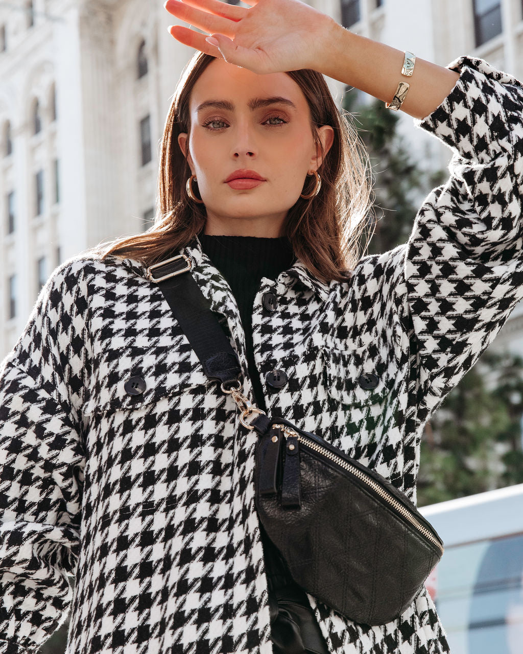 Call Me Pocketed Houndstooth Coat - Se7enfashion