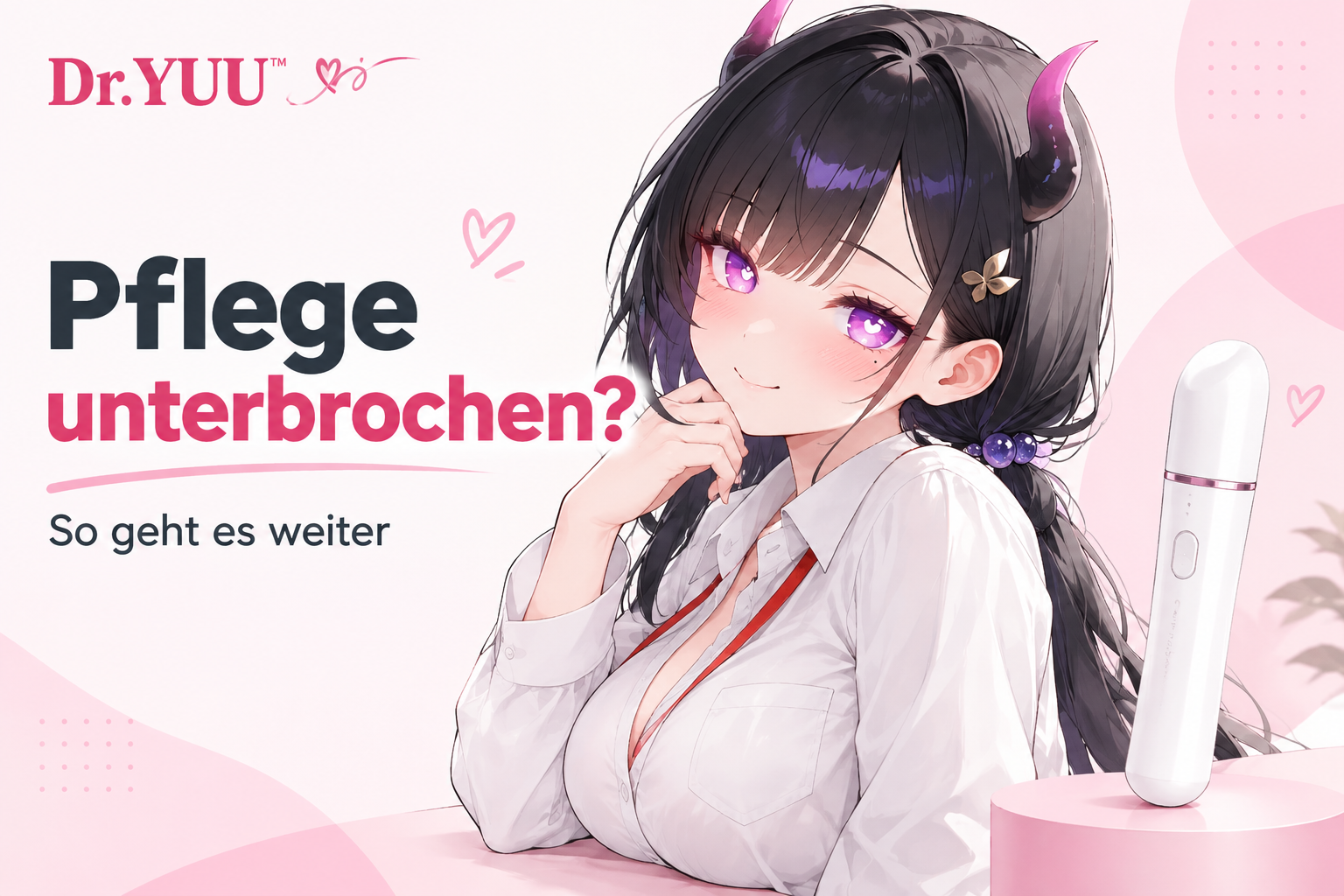 Weißer Pflegestab auf einer rosafarbenen Ablage neben dem Titel „Pflege unterbrochen?“