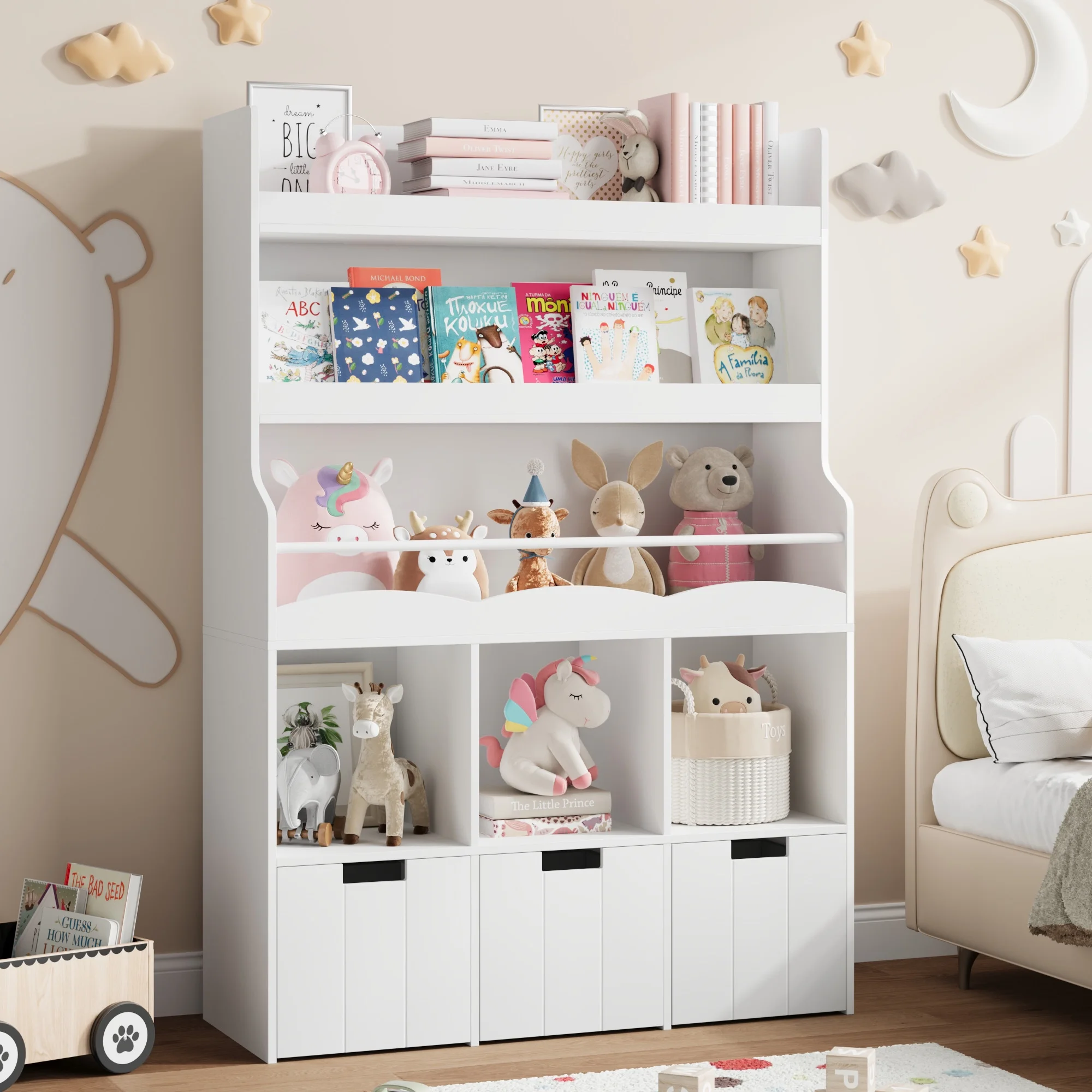 Homfa 55.5- H Kids Bookshelf with 2-Tier Book Shelves, Children Toy Organizer with 3 Cubes and Removable Drawers, White - Image 2