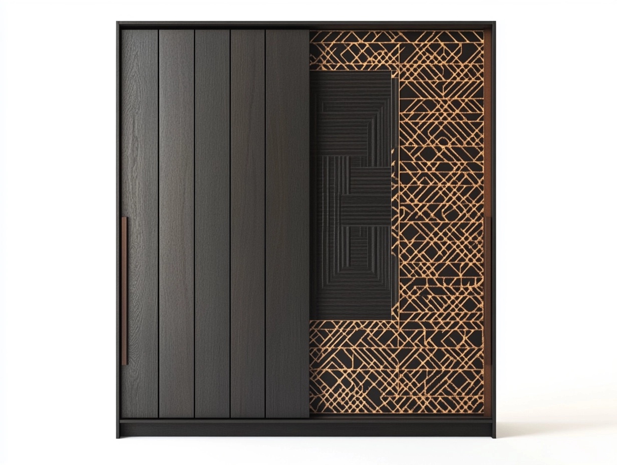 Armario moderno con puertas correderas decorativas en negro y dorado 180x200